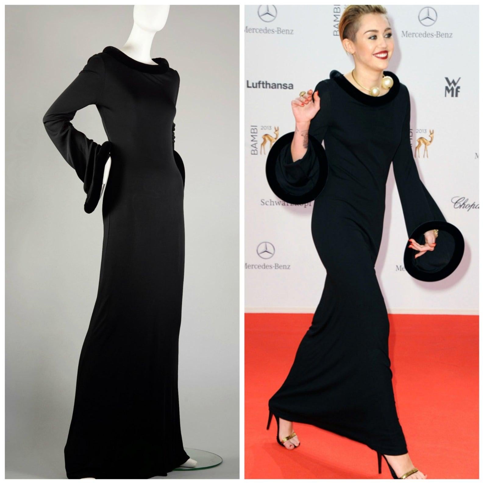 As seen on Miley Cyrus in the 2013 Bambi Awards red carpet in Berlin.

Features:
- 100% Authentic JEAN PAUL GAULTIER.
- Black long dress/ evening gown.
- Rolled velvet wide hoops detailing on the collar and cuffs.
- Label has been removed for