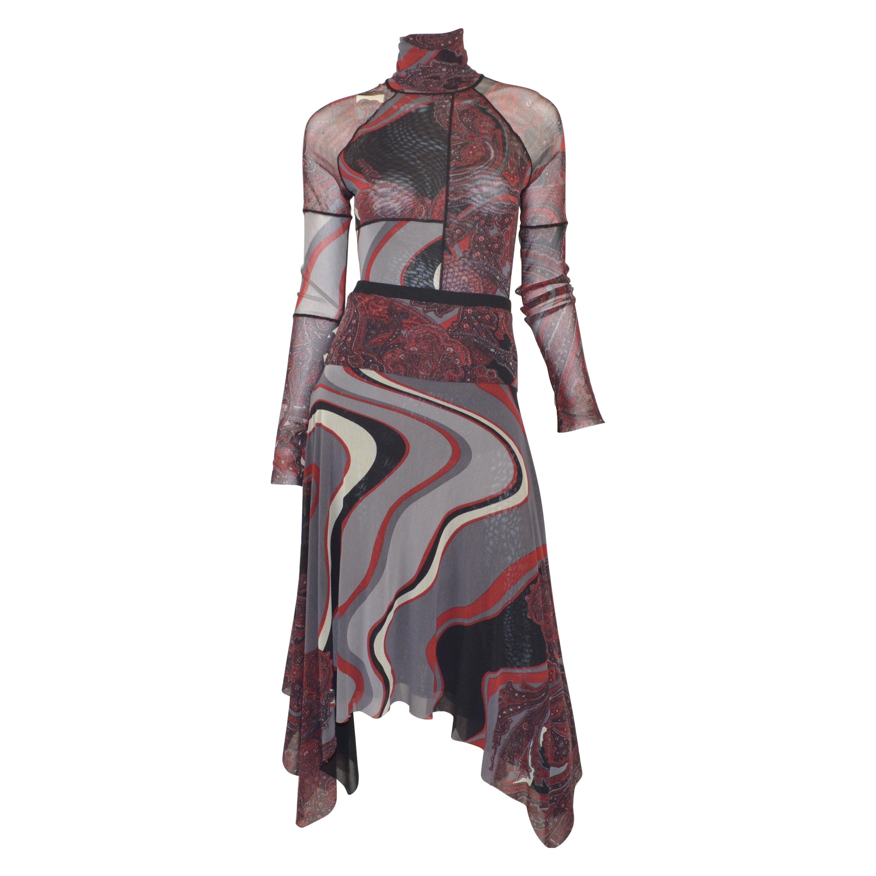 Jean Paul Gaultier Mixed Print Mesh Top and Skirt Set