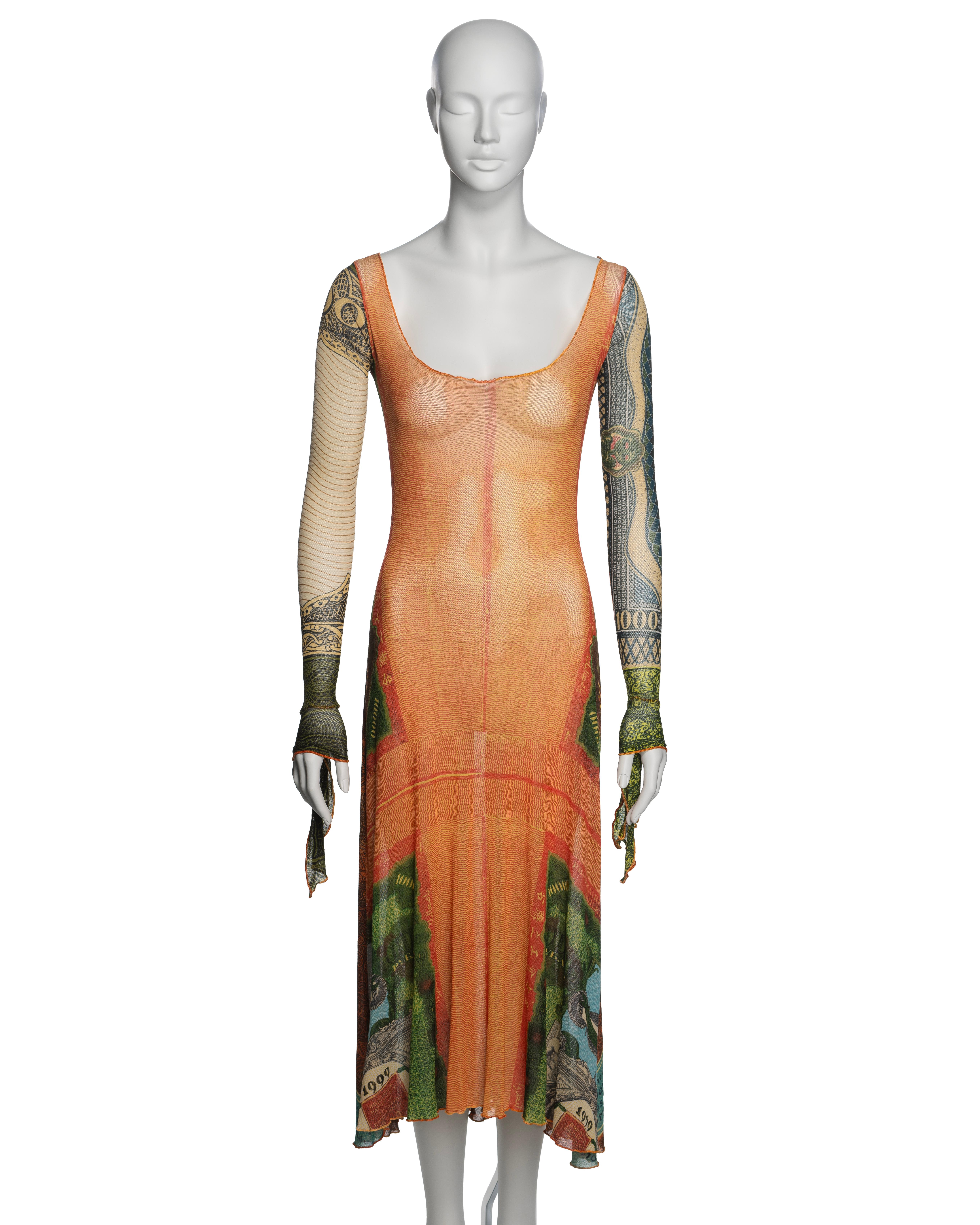 Brown Jean Paul Gaultier Money Print Mesh Long Sleeve Dress, SS 1994 For Sale