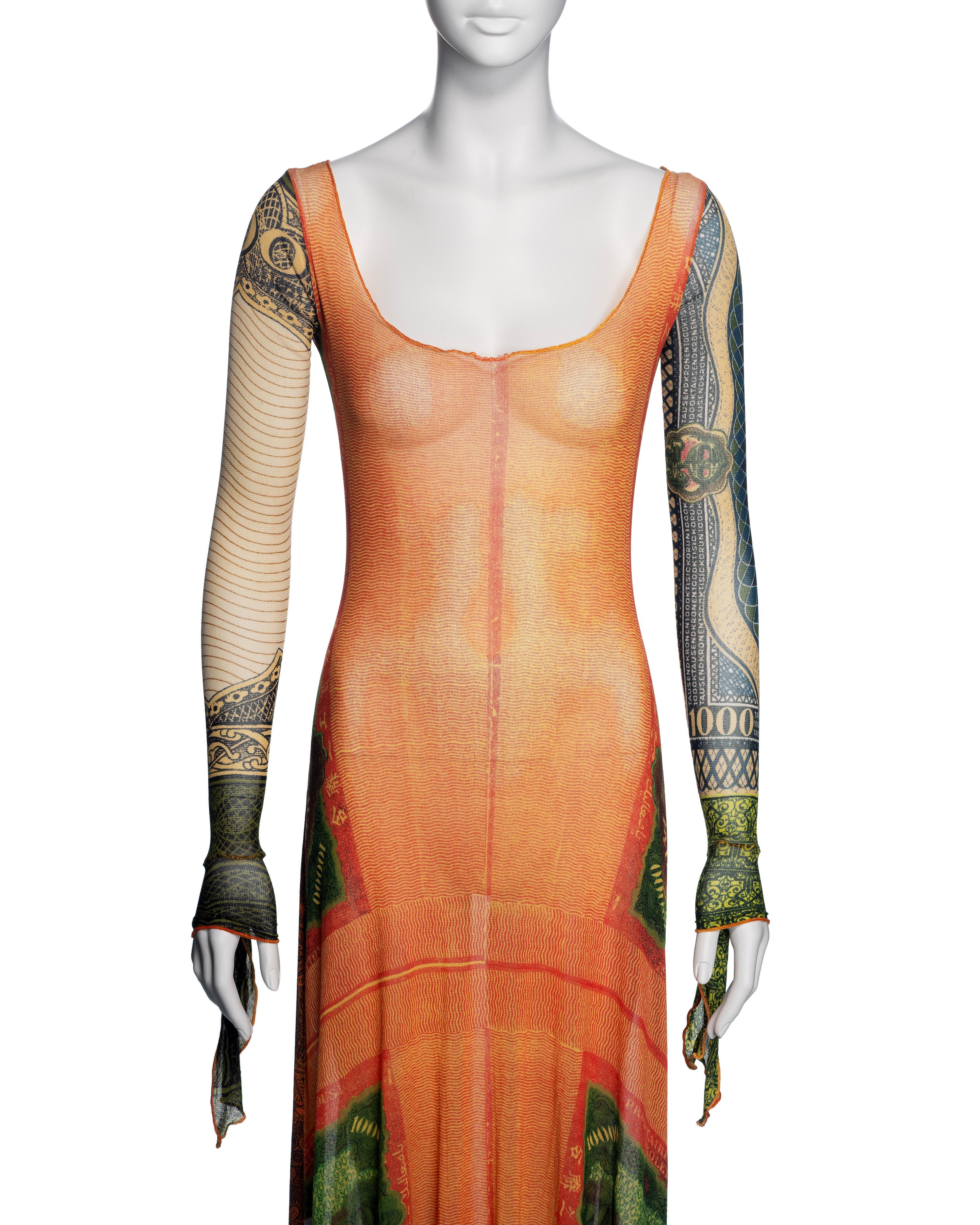Jean Paul Gaultier Money Print Mesh Long Sleeve Dress, SS 1994 In Good Condition For Sale In London, GB