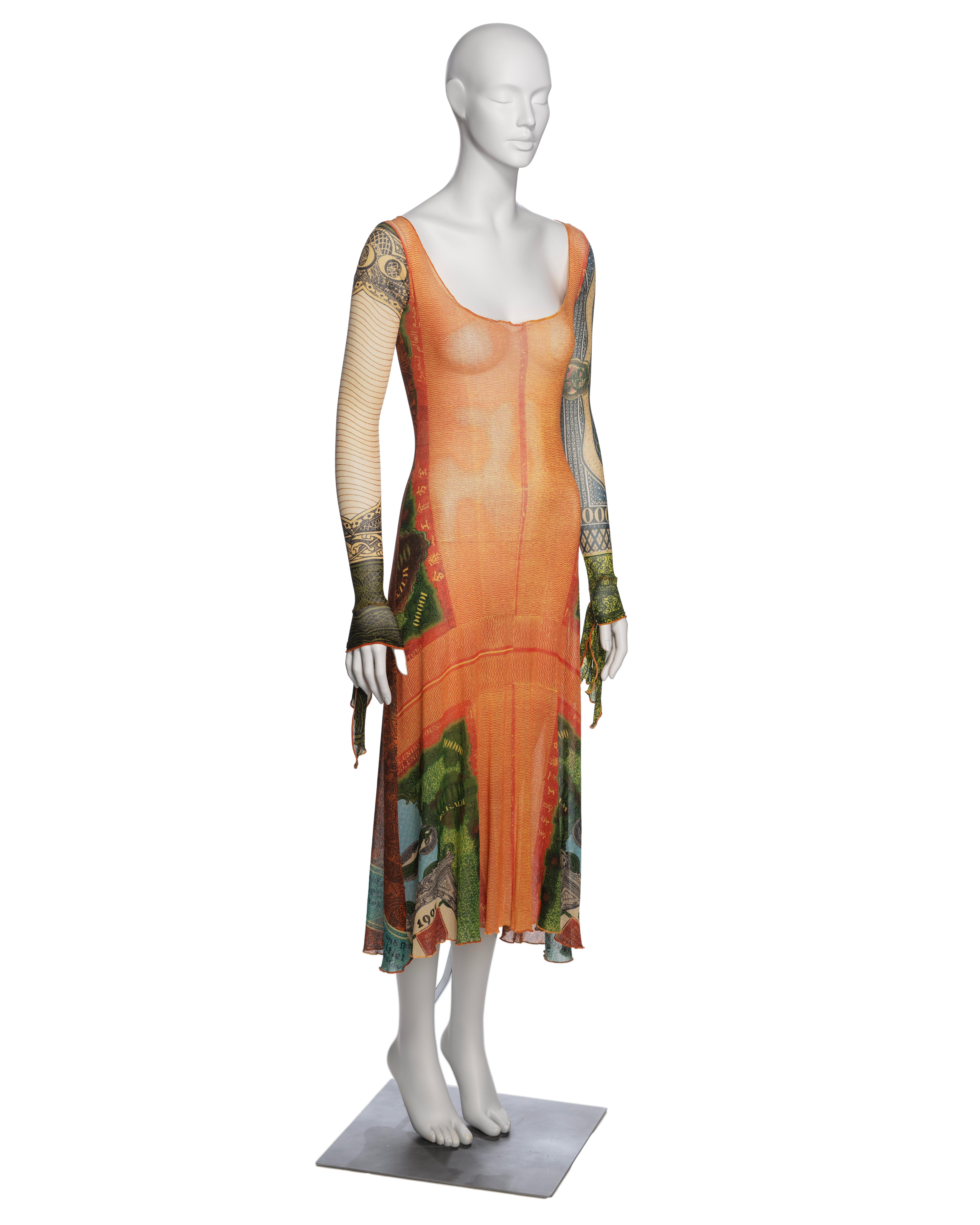 Women's Jean Paul Gaultier Money Print Mesh Long Sleeve Dress, SS 1994 For Sale