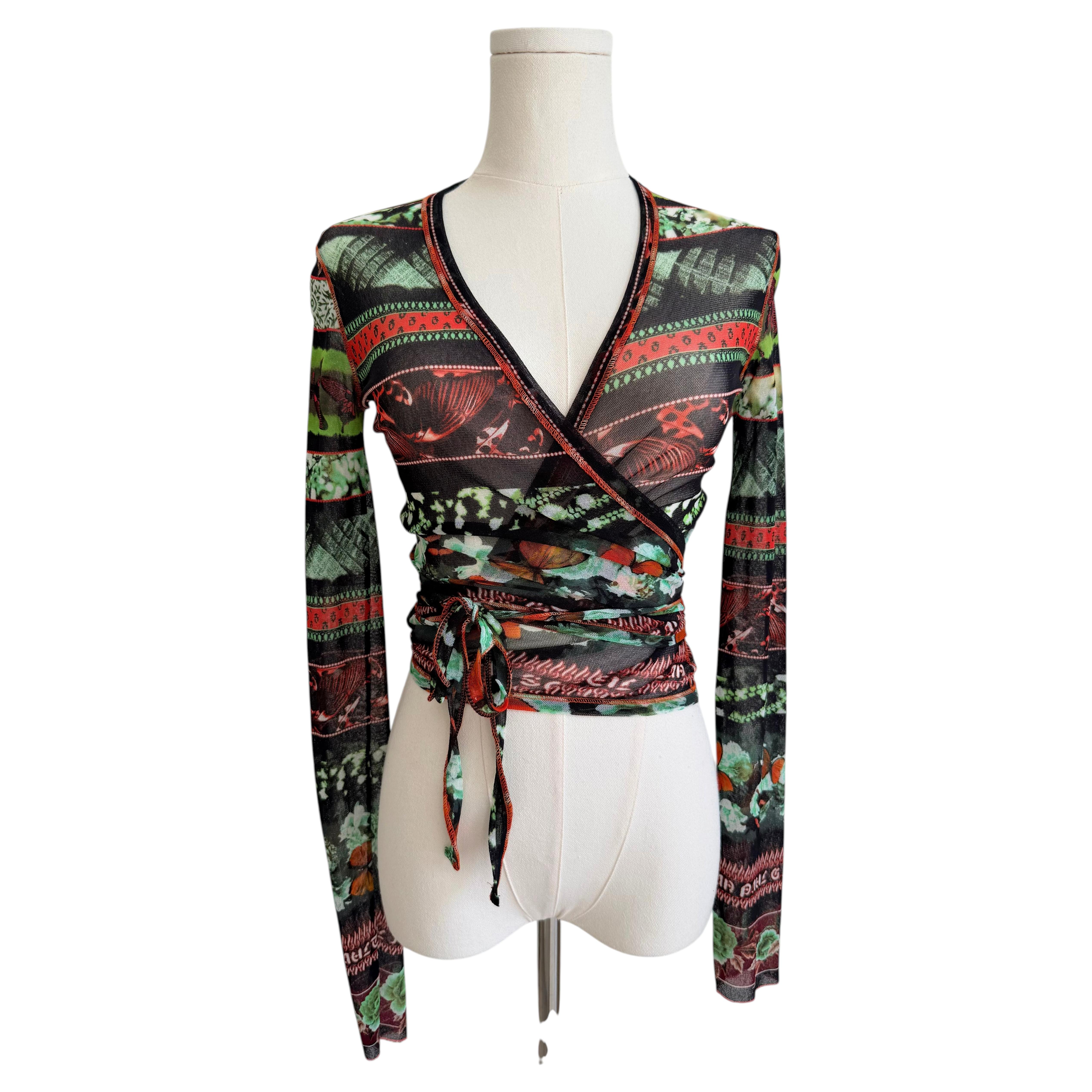 Jean Paul Gaultier Multicolor Butterfly and Stripe Mesh Wrap Top