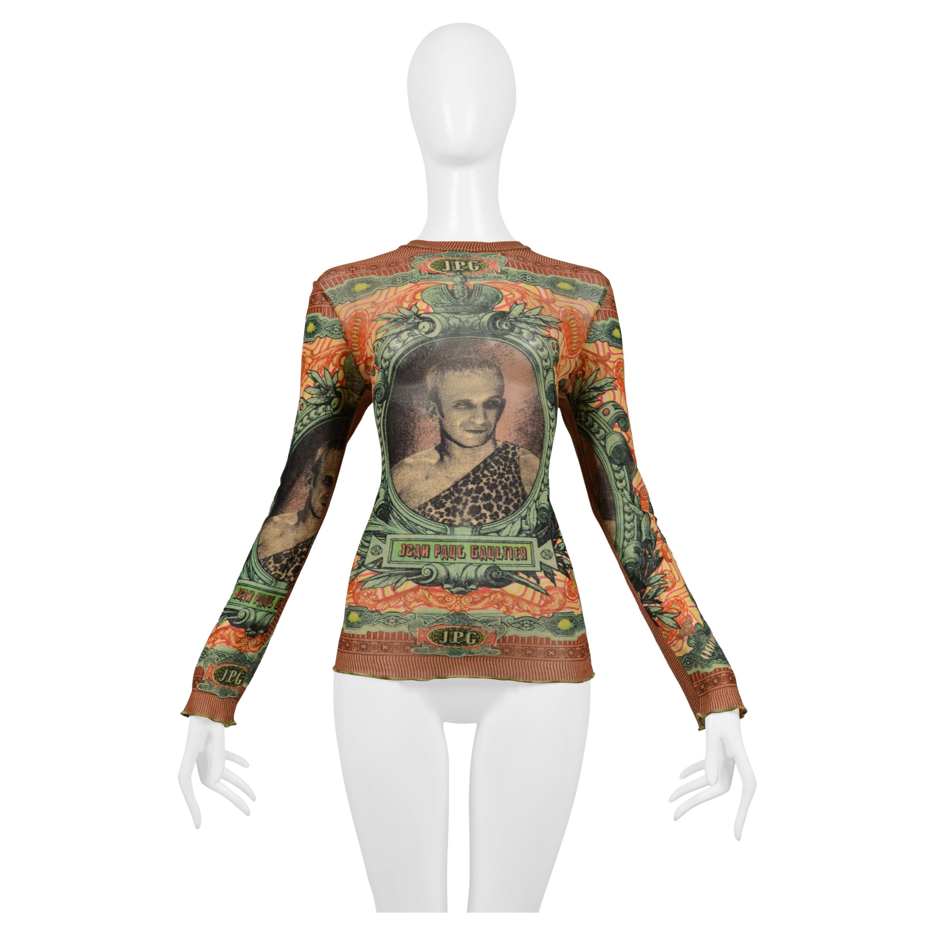 Jean Paul Gaultier Multicolor Portrait & "Money" Print Mesh Top 1994  For Sale