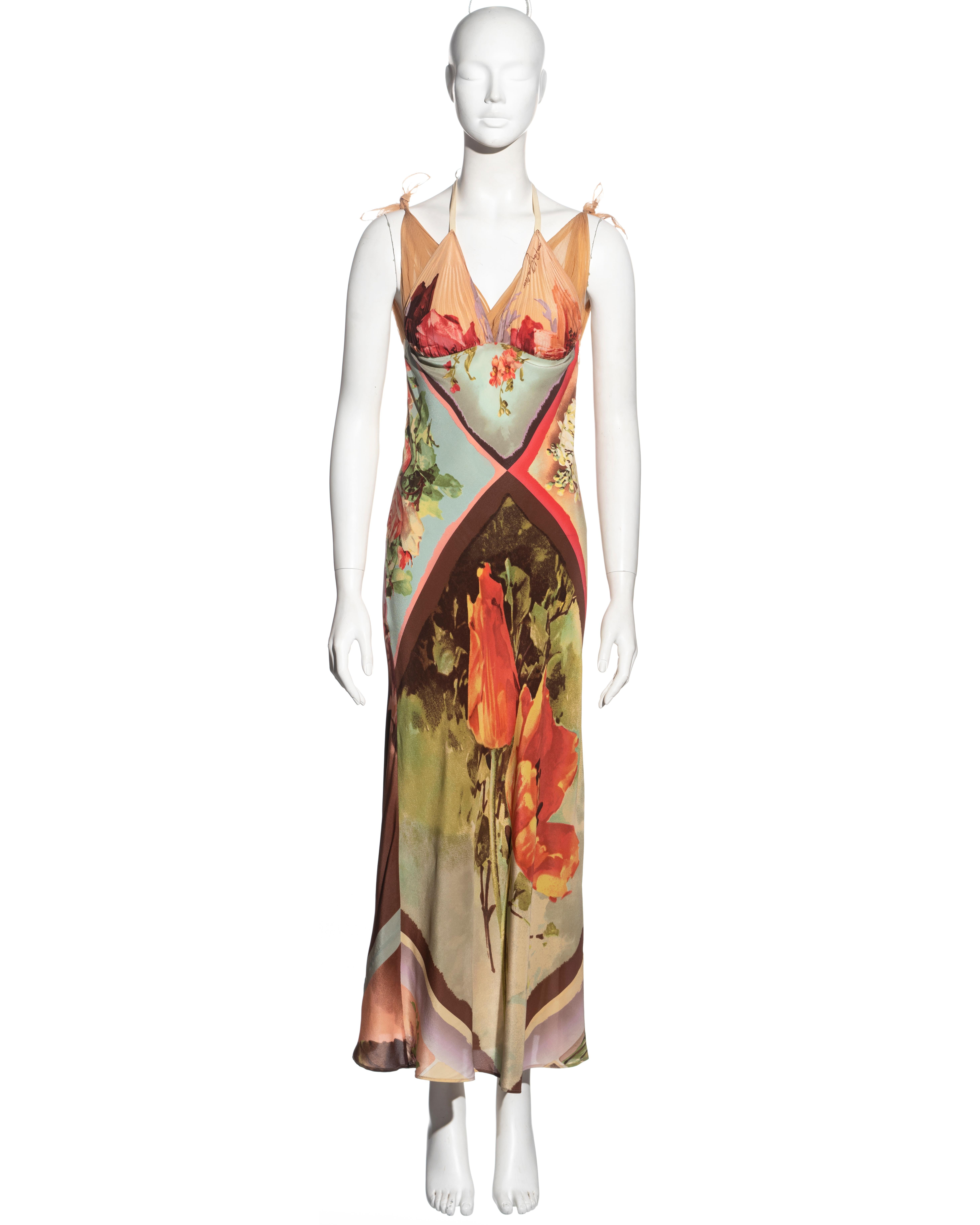 ▪ Jean Paul Gaultier halterneck silk dress
▪ Enlarged multicoloured floral print 
▪ Accordion pleated bust with halterneck ties 
▪ Nude accordion pleated silk chiffon shoulder straps fasten into knots on the shoulders 
▪ Concealed zipper on the side