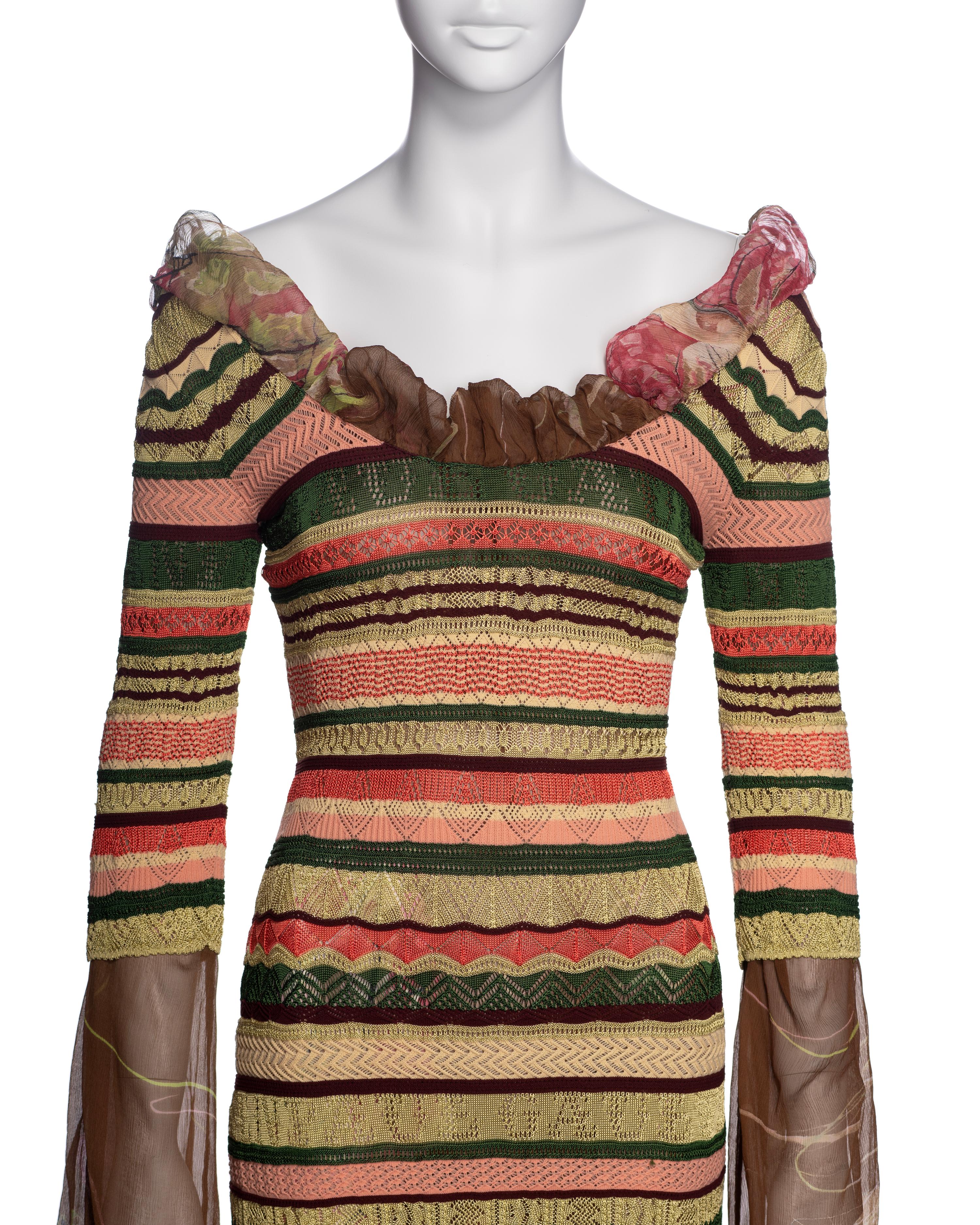 Brown Jean Paul Gaultier Multicoloured Striped Knitted Dress with Floral Silk, SS 2005 For Sale