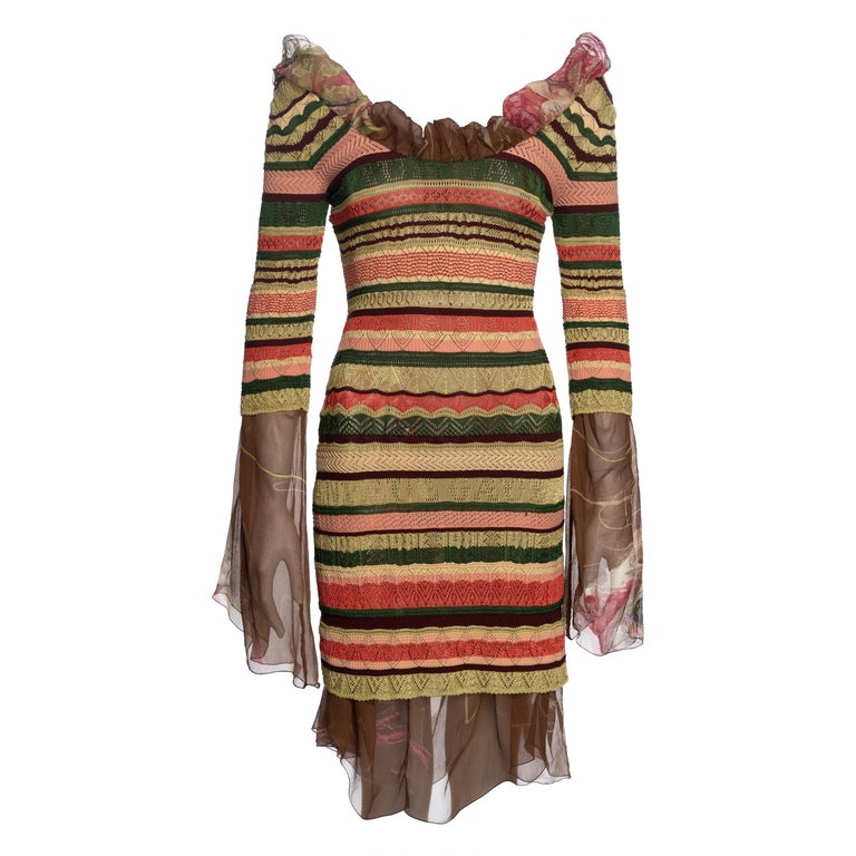 Jean Paul Gaultier Multicoloured Striped Knitted Dress with Floral Silk, SS 2005 Jean Paul Gaultier Multicoloured Striped Knitted Dress with Floral Silk, SS 2005