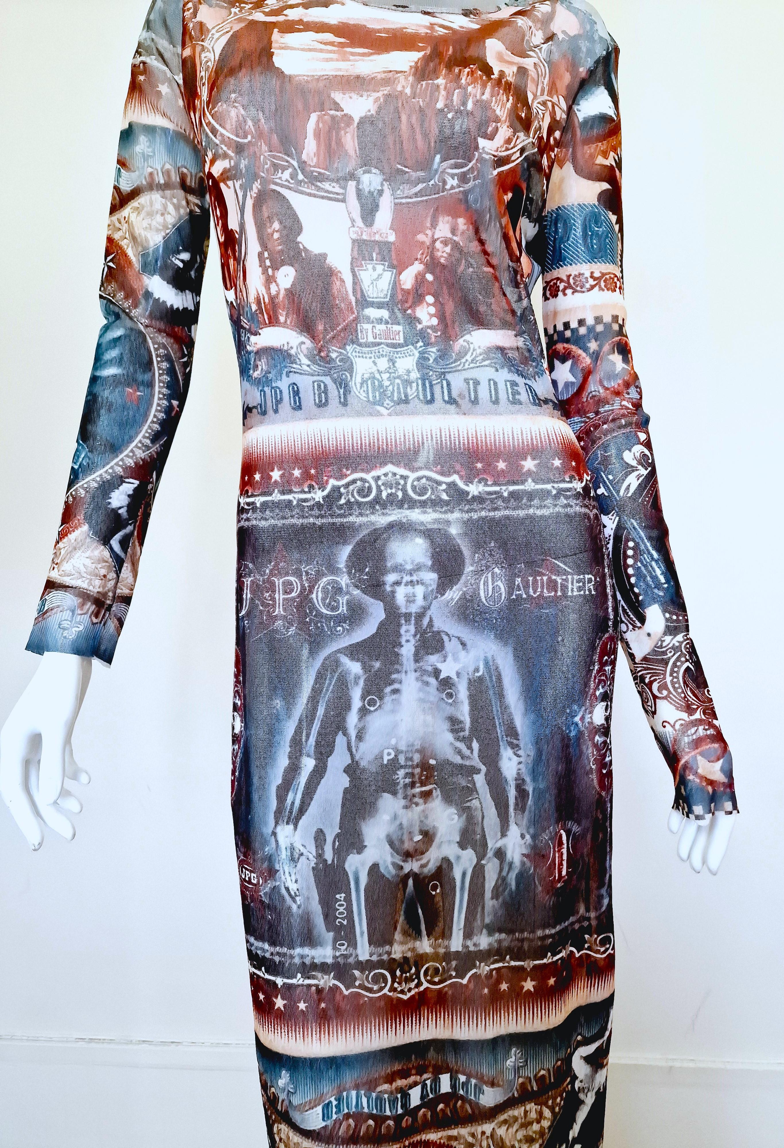 Jean Paul Gaultier mesh dress with the iconic fabulous Indian style print and X-ray skeletons. Signature back tab.
The dress is a reflection about the Native Indian and USA history...

Pattern:X-ray skeleton
Native Indians
Bulls
Stars
