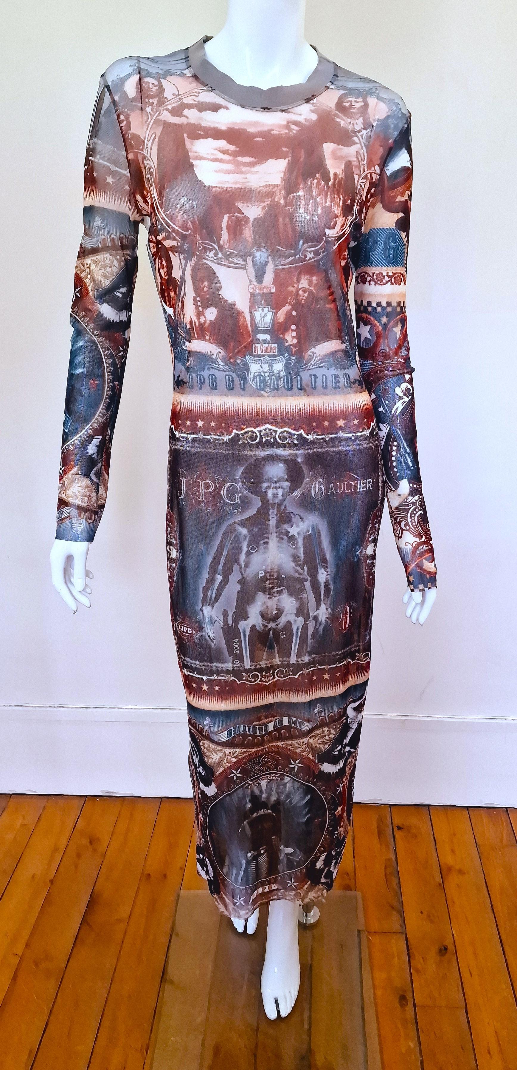 Women's Jean Paul Gaultier Native Indian Western Sheriff Skeleton Large X-ray Mesh Dress For Sale