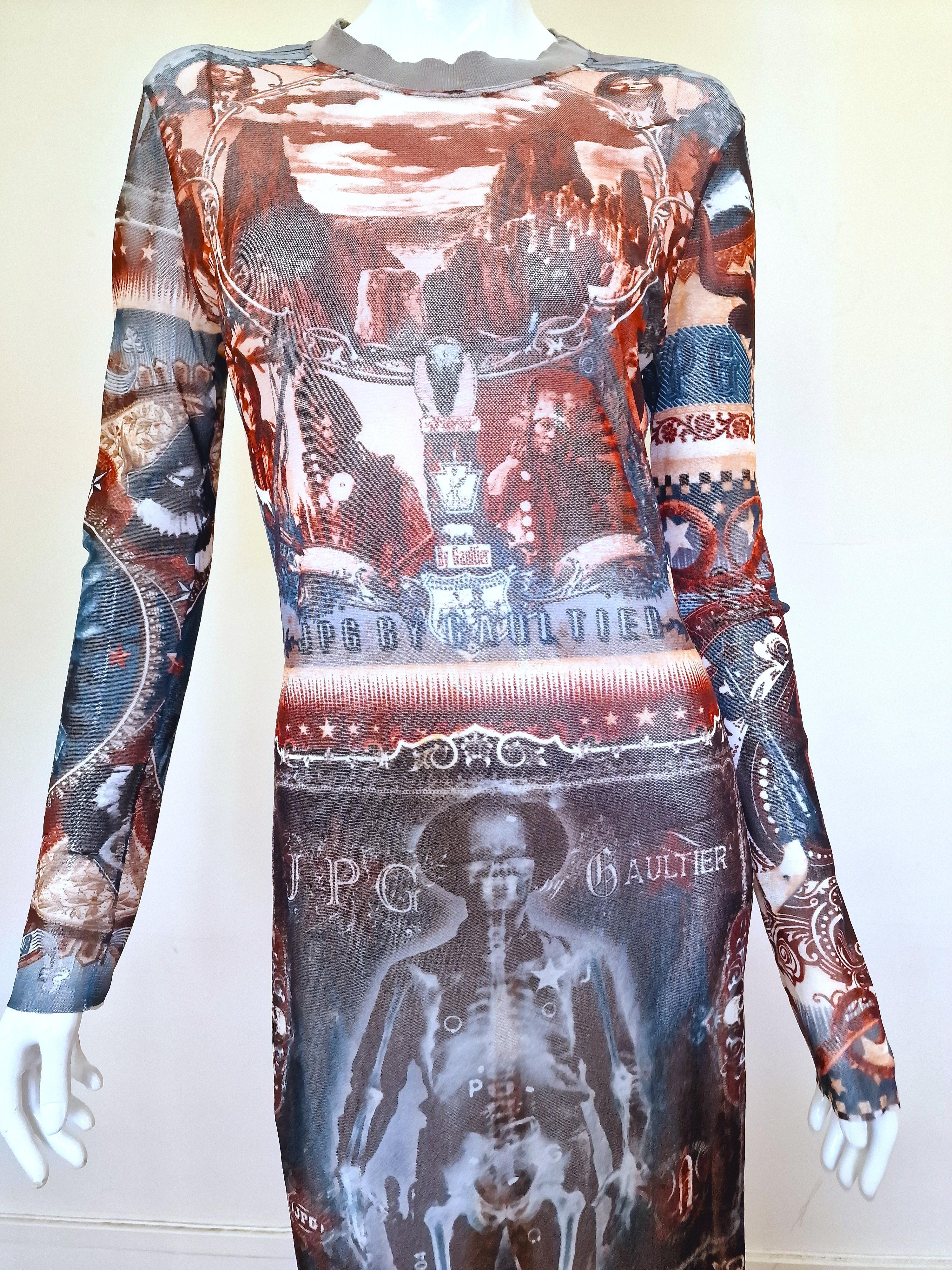 Jean Paul Gaultier Native Indian Western Sheriff Skeleton Large X-ray Mesh Dress For Sale 2