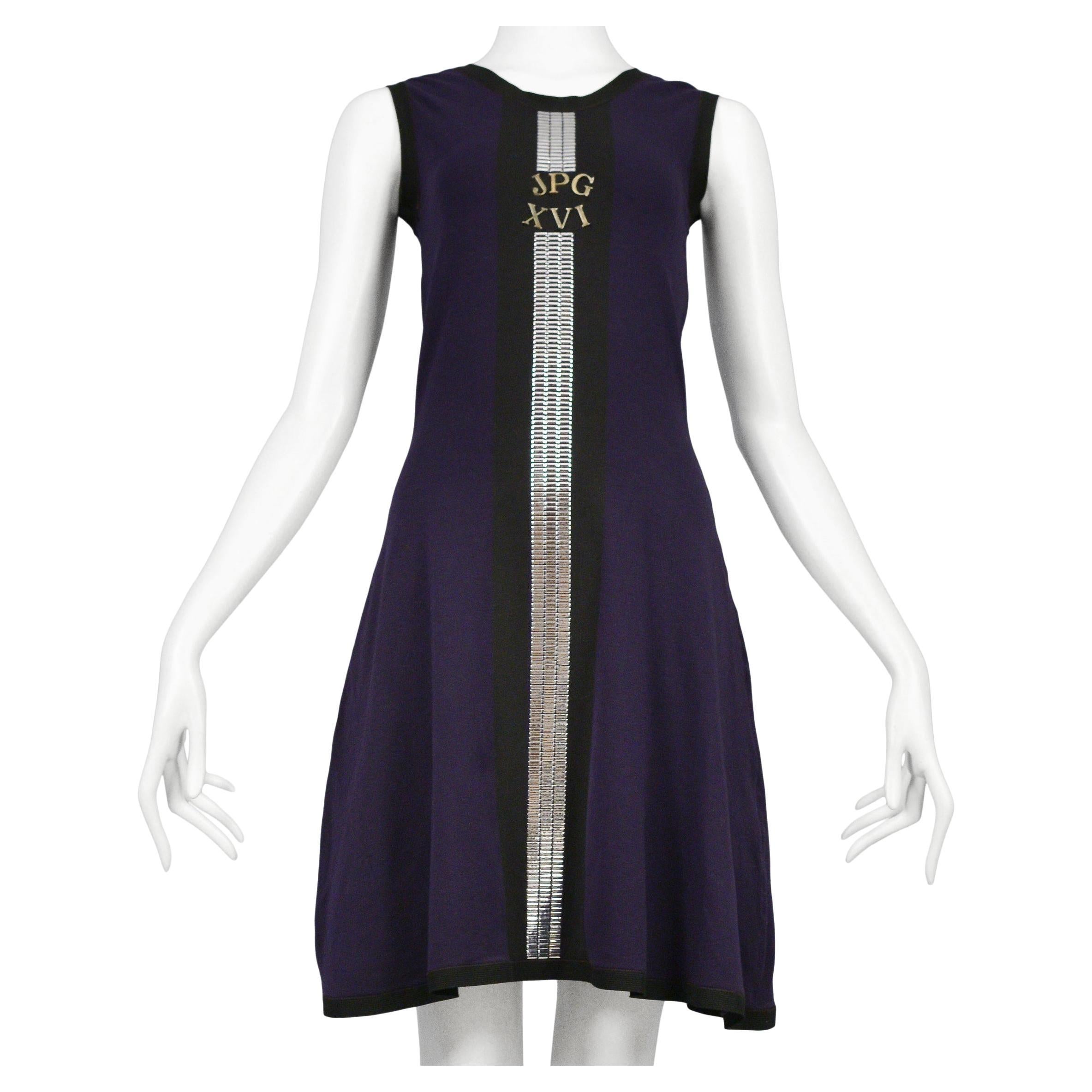 Jean Paul Gaultier Navy Mini Dress With Silver Metal Detailing & Roman Numerals For Sale