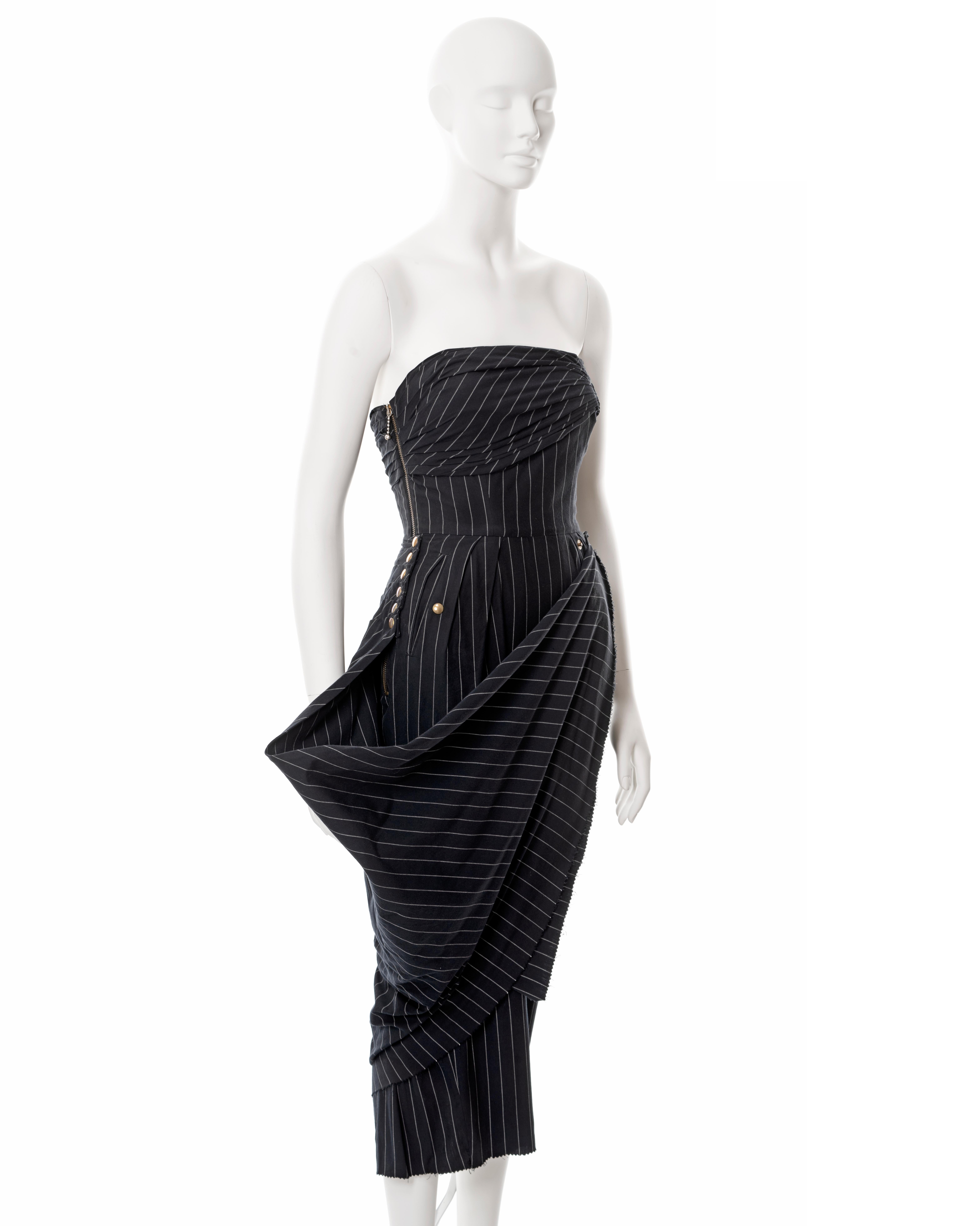 Jean Paul Gaultier navy pinstripe cotton strapless dress, ss 1995 6
