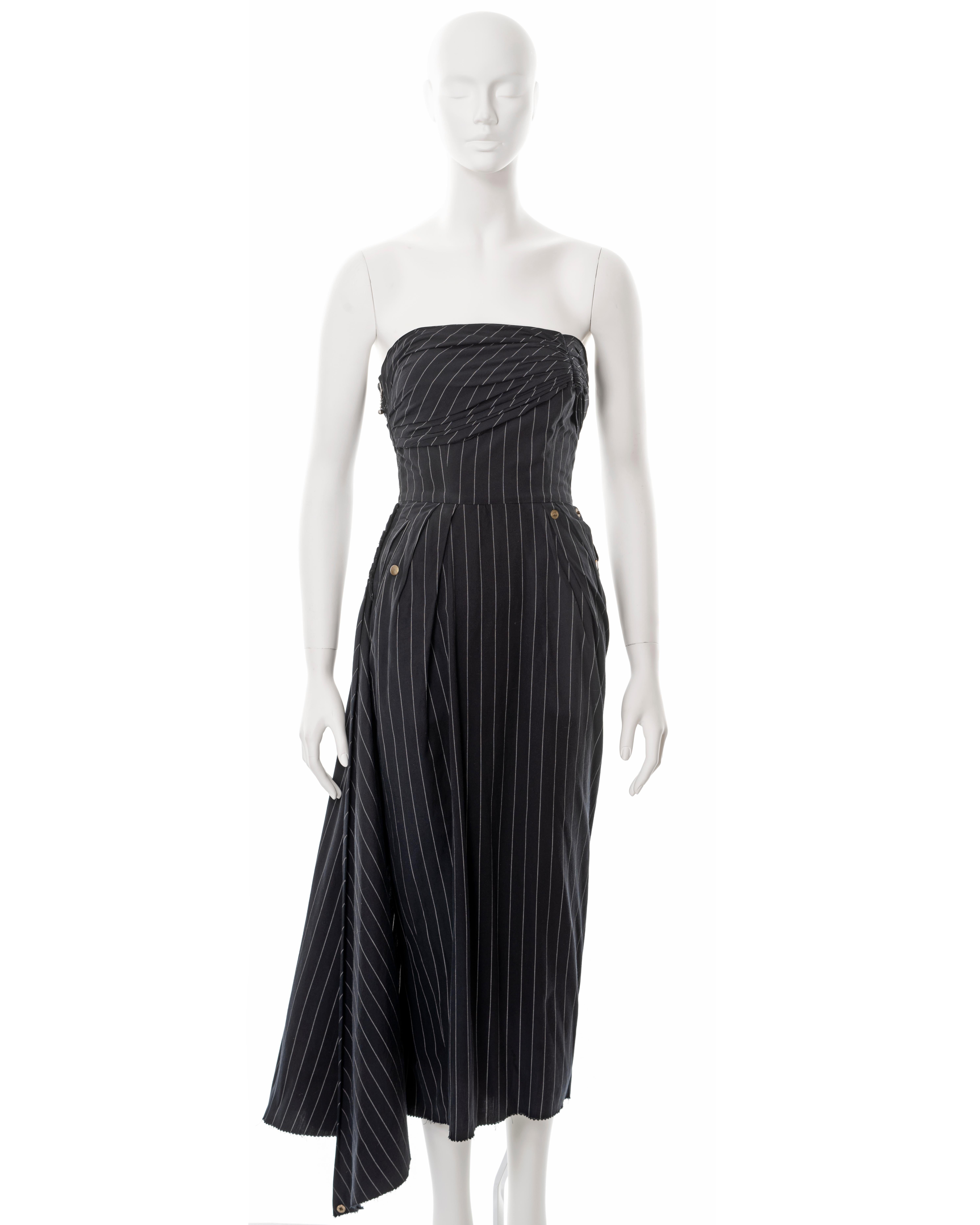 Jean Paul Gaultier navy pinstripe cotton strapless dress, ss 1995 8