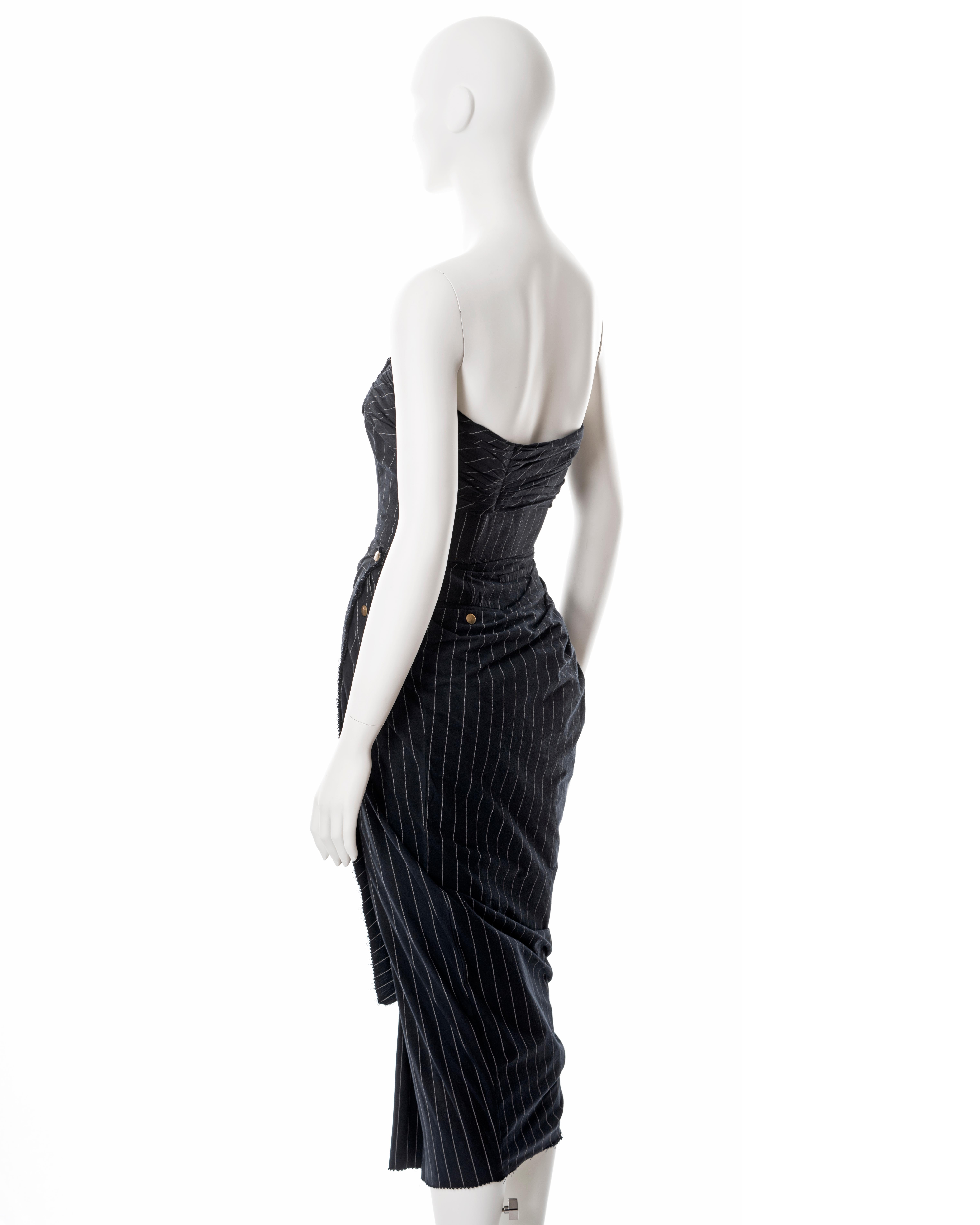 Jean Paul Gaultier navy pinstripe cotton strapless dress, ss 1995 1