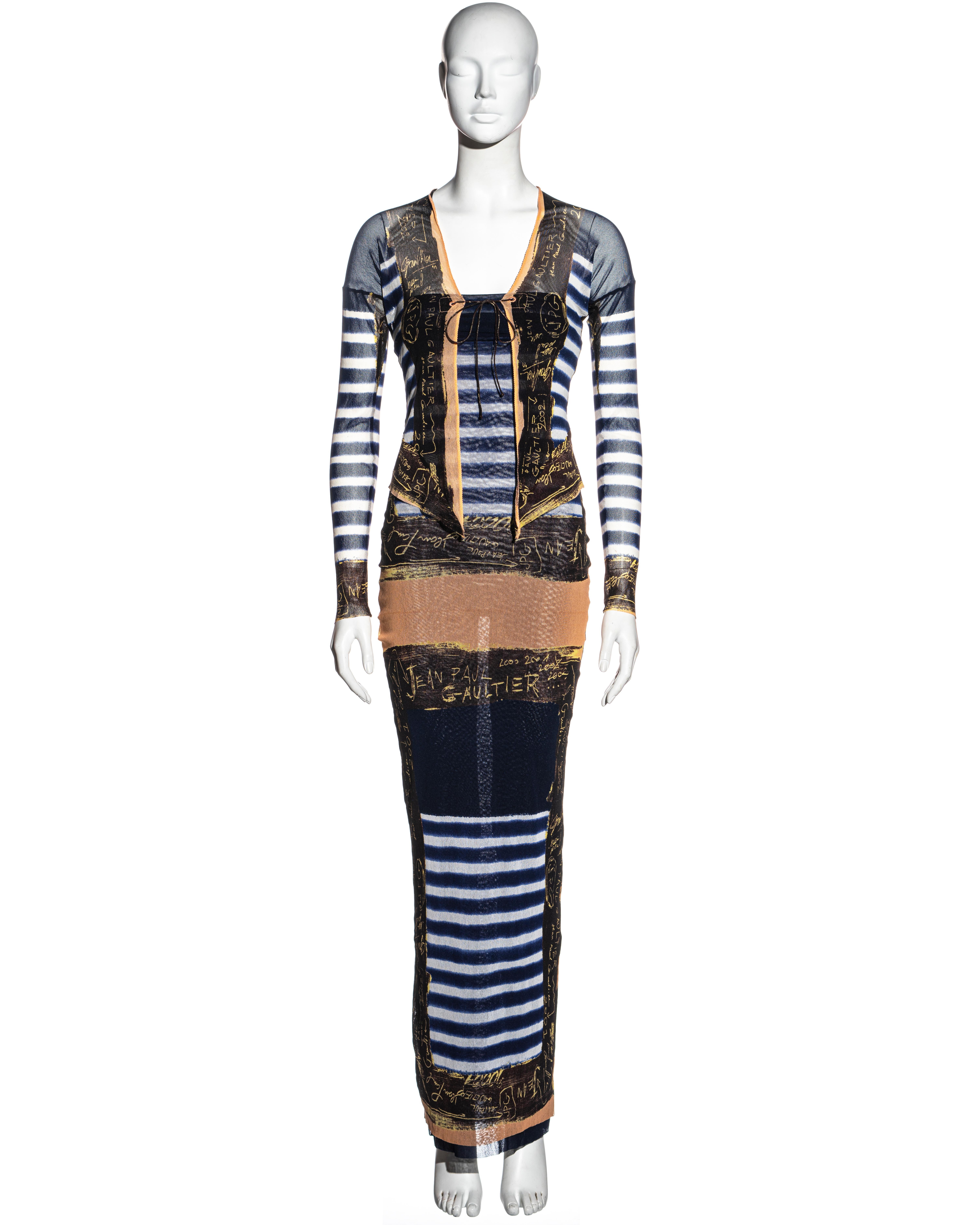 ▪ Jean Paul Gaultier tube dress and cardigan set
▪ Sold by One of a Kind Archive
▪ Nylon mesh with navy blue and white stripes and a graffiti print border 
▪ Fitted cardigan with open front and string ties 
▪ Maxi tube dress which can also be styled