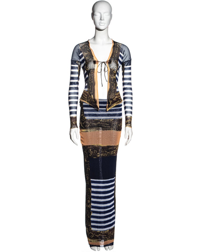 Jean Paul Gaultier navy striped nylon mesh tube dress and cardigan
