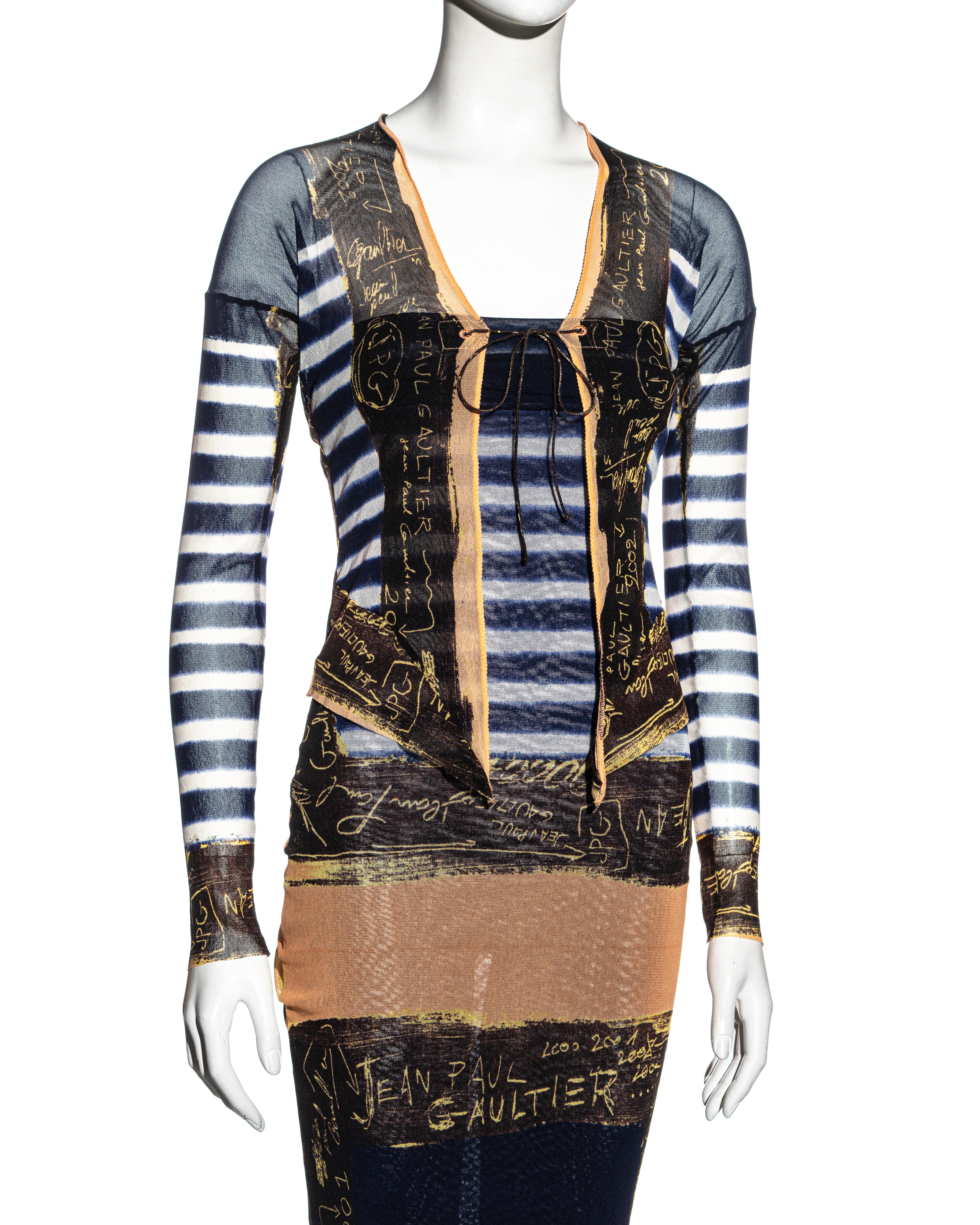 Jean Paul Gaultier Marinefarben gestreiftes Kleid und Strickjacke aus Nylonnetz, ca. 2001 im Zustand „Gut“ in London, GB