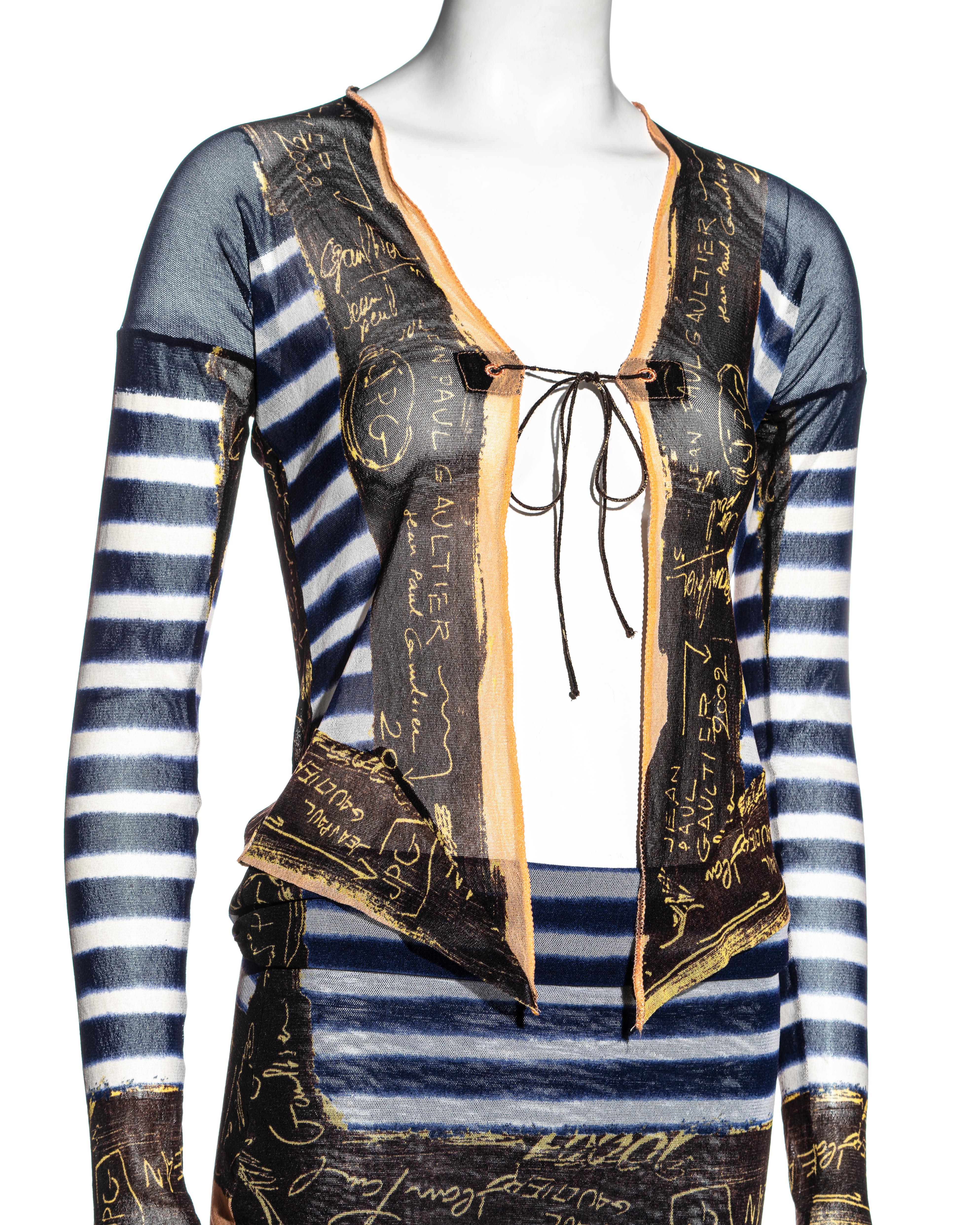Jean Paul Gaultier Marinefarben gestreiftes Kleid und Strickjacke aus Nylonnetz, ca. 2001 Damen