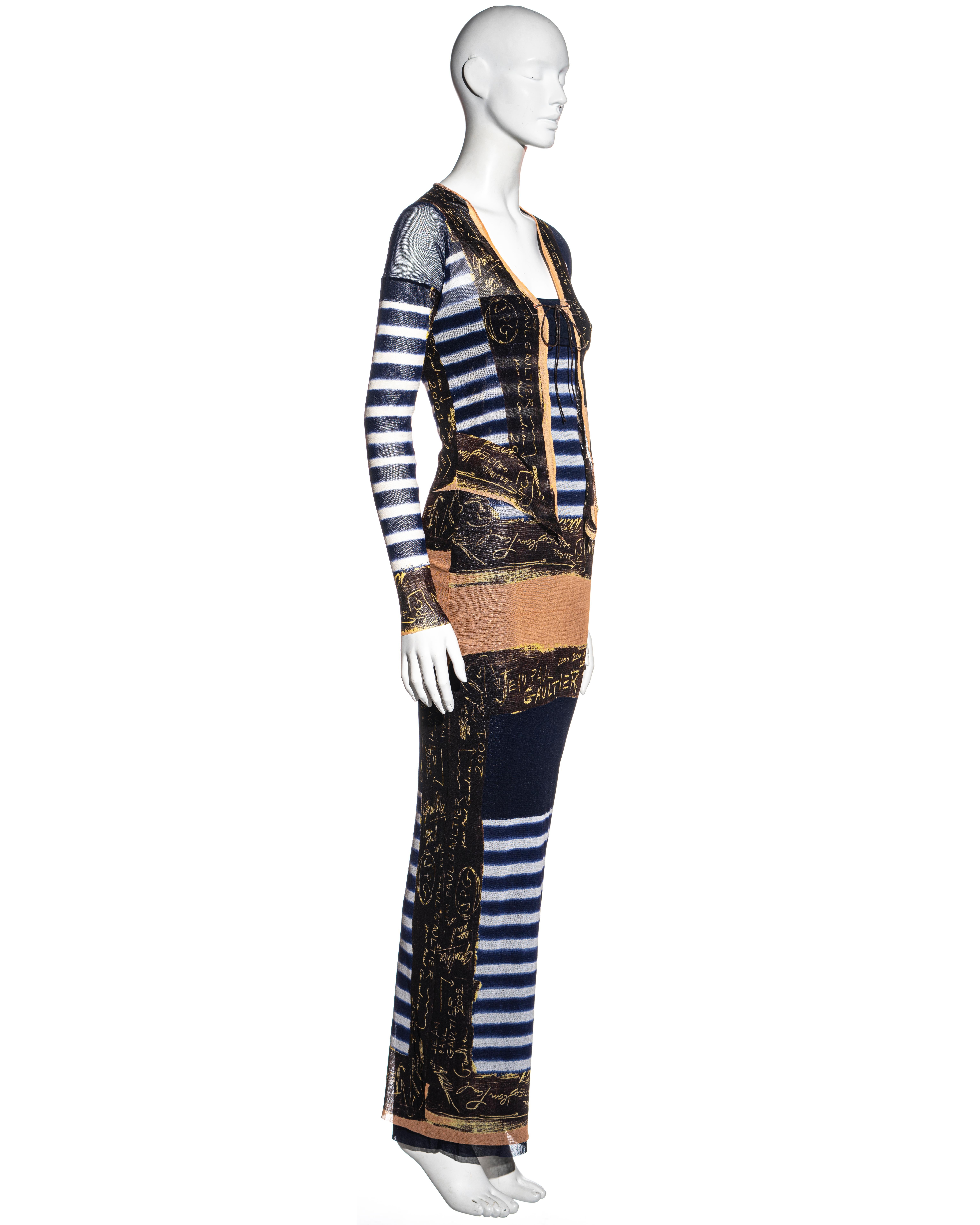 Jean Paul Gaultier Marinefarben gestreiftes Kleid und Strickjacke aus Nylonnetz, ca. 2001 1