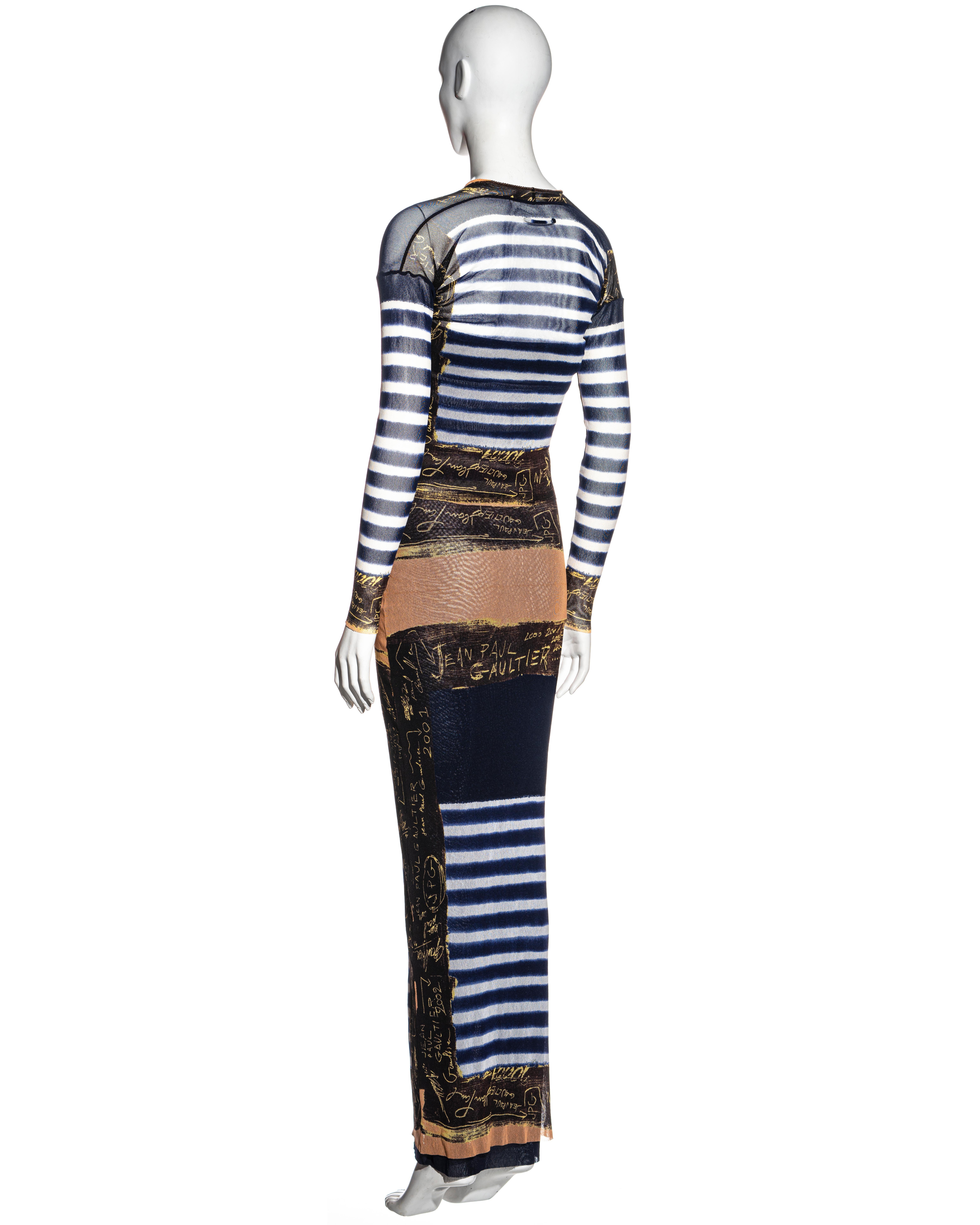 Jean Paul Gaultier Marinefarben gestreiftes Kleid und Strickjacke aus Nylonnetz, ca. 2001 2