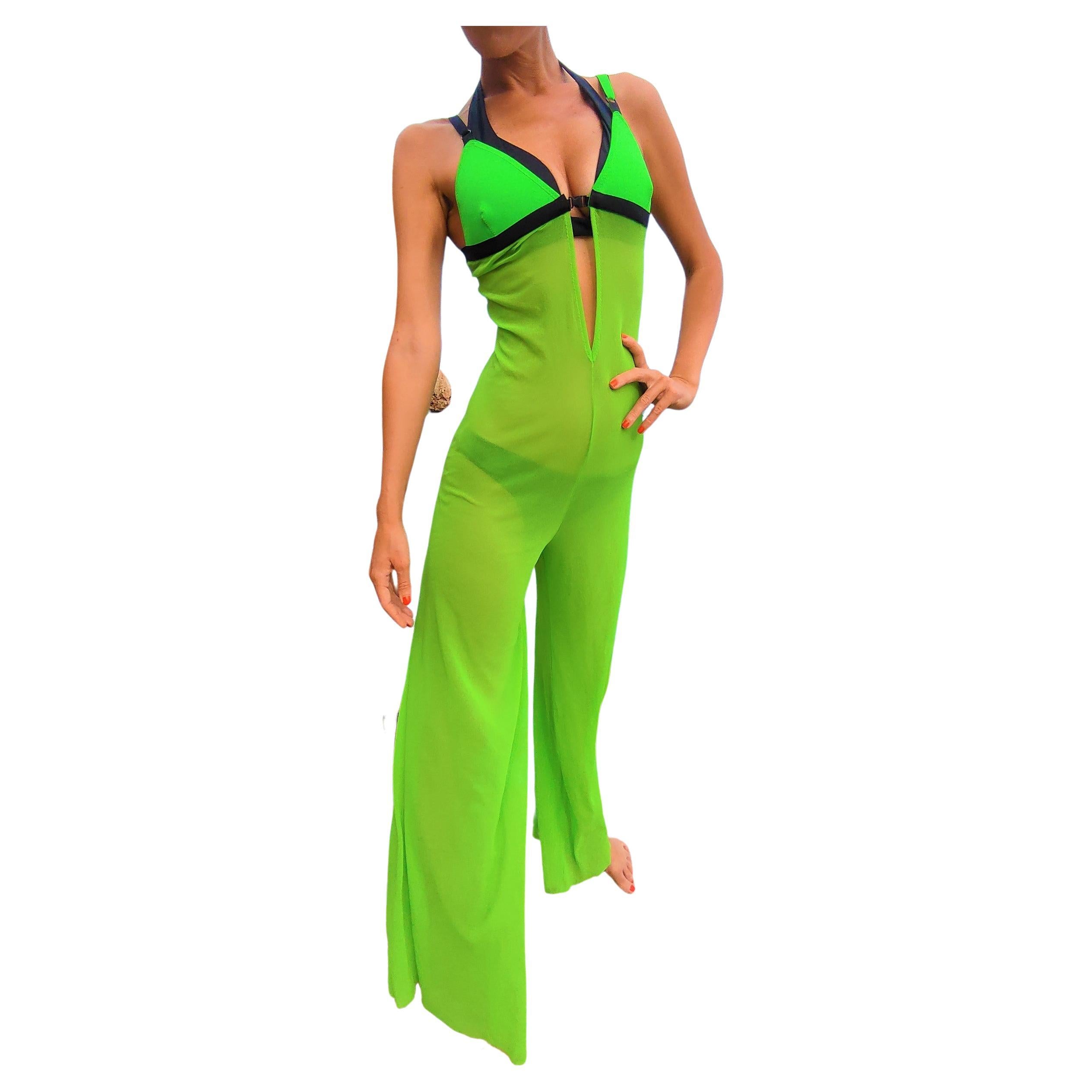 Jean Paul Gaultier Neon Green Cut Out Cutout Mesh Jumpsuit Dress Catsuit For Sale