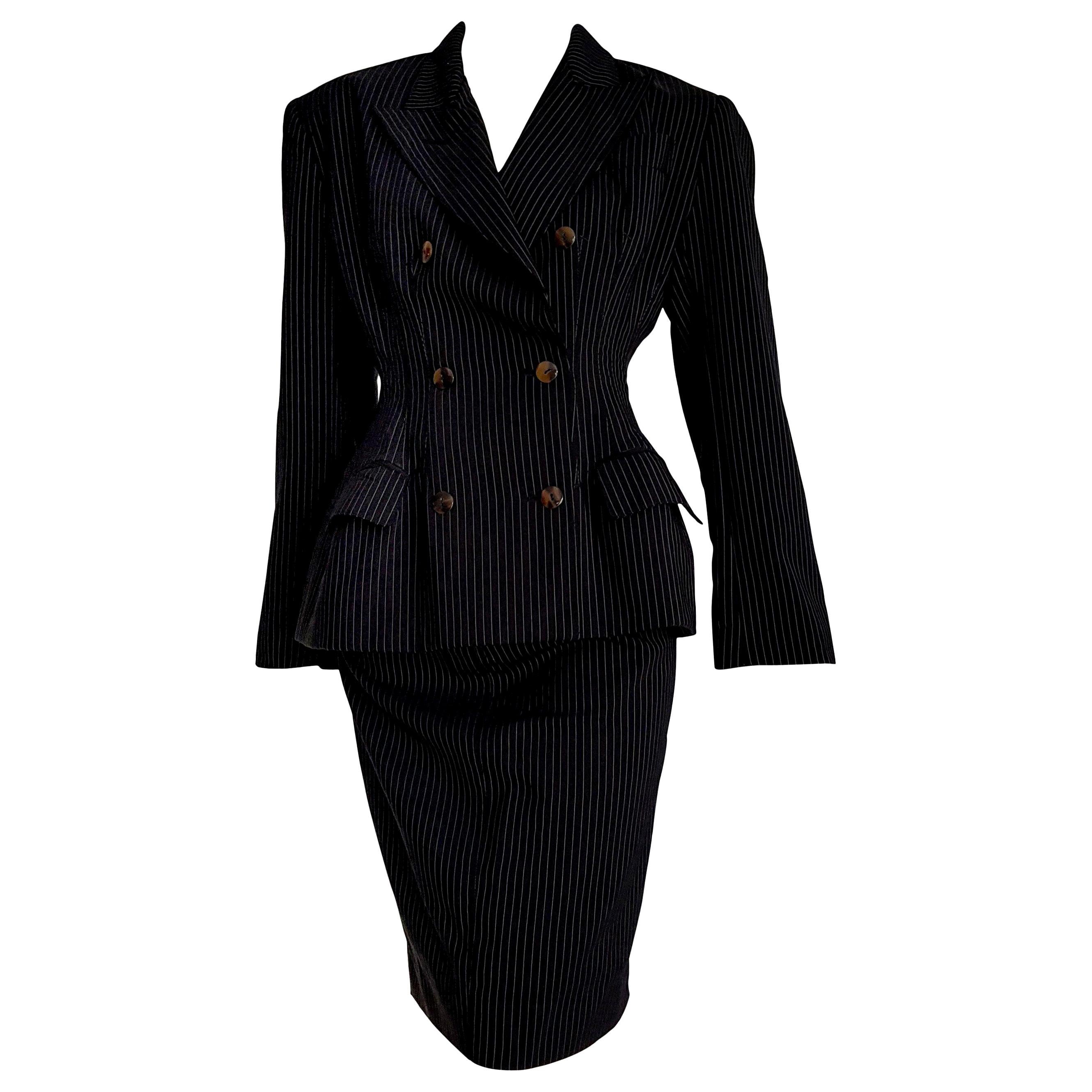 Jean Paul GAULTIER "New" Black with Gray lines Wool Skirt Suit - Unworn For Sale