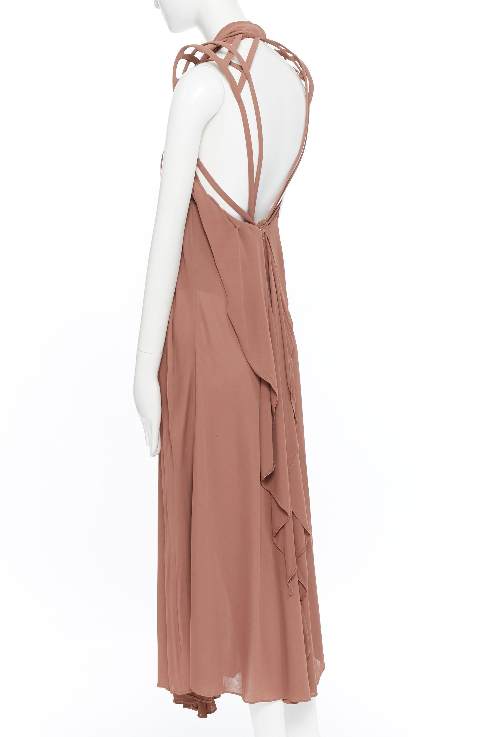JEAN PAUL GAULTIER nude beige caged structured shoulder draped midi dress In Excellent Condition In Hong Kong, NT