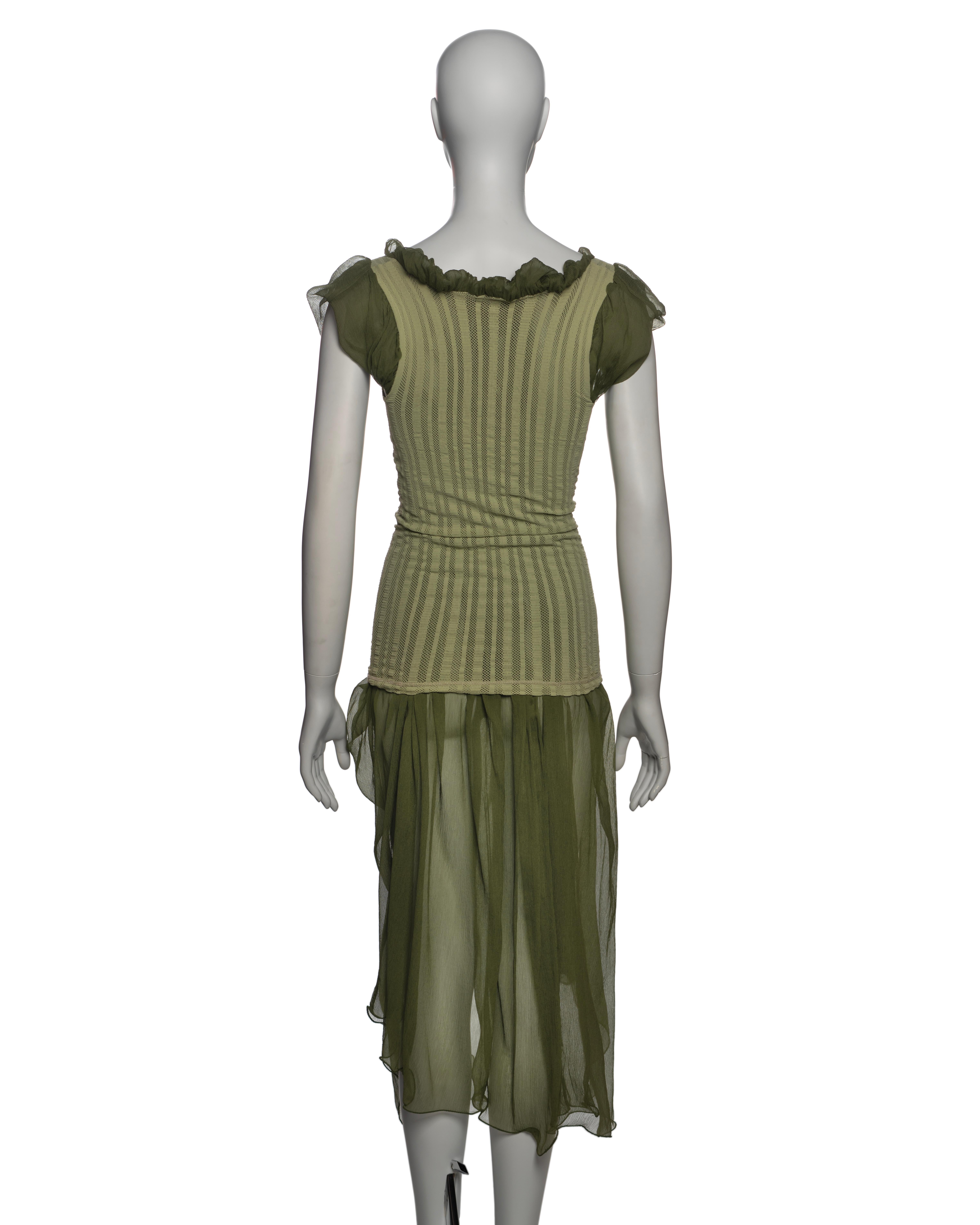 Jean Paul Gaultier Olive Green Knit Dress with Silk Chiffon Underlay, SS 2001 6