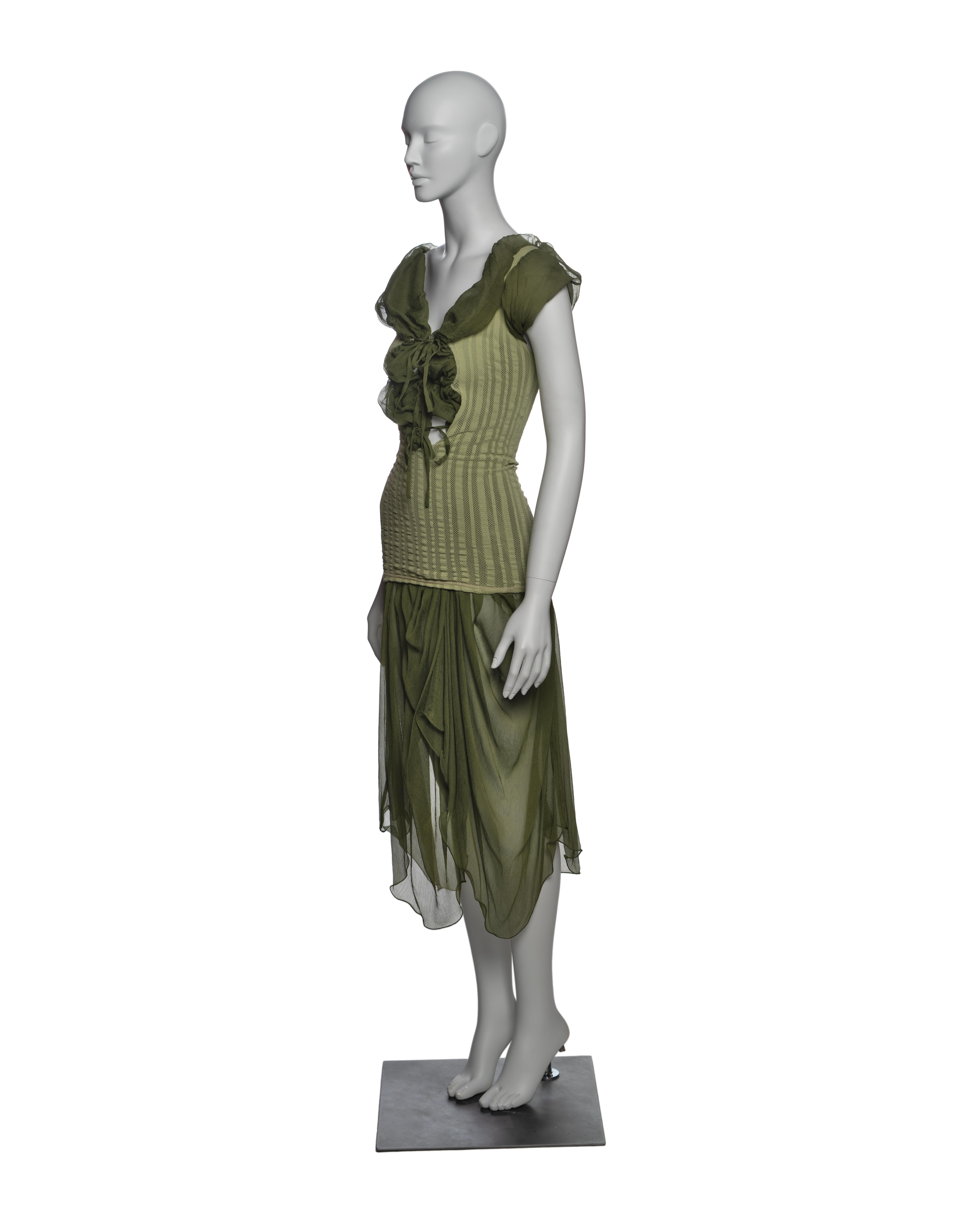 Jean Paul Gaultier Olive Green Knit Dress with Silk Chiffon Underlay, SS 2001 8