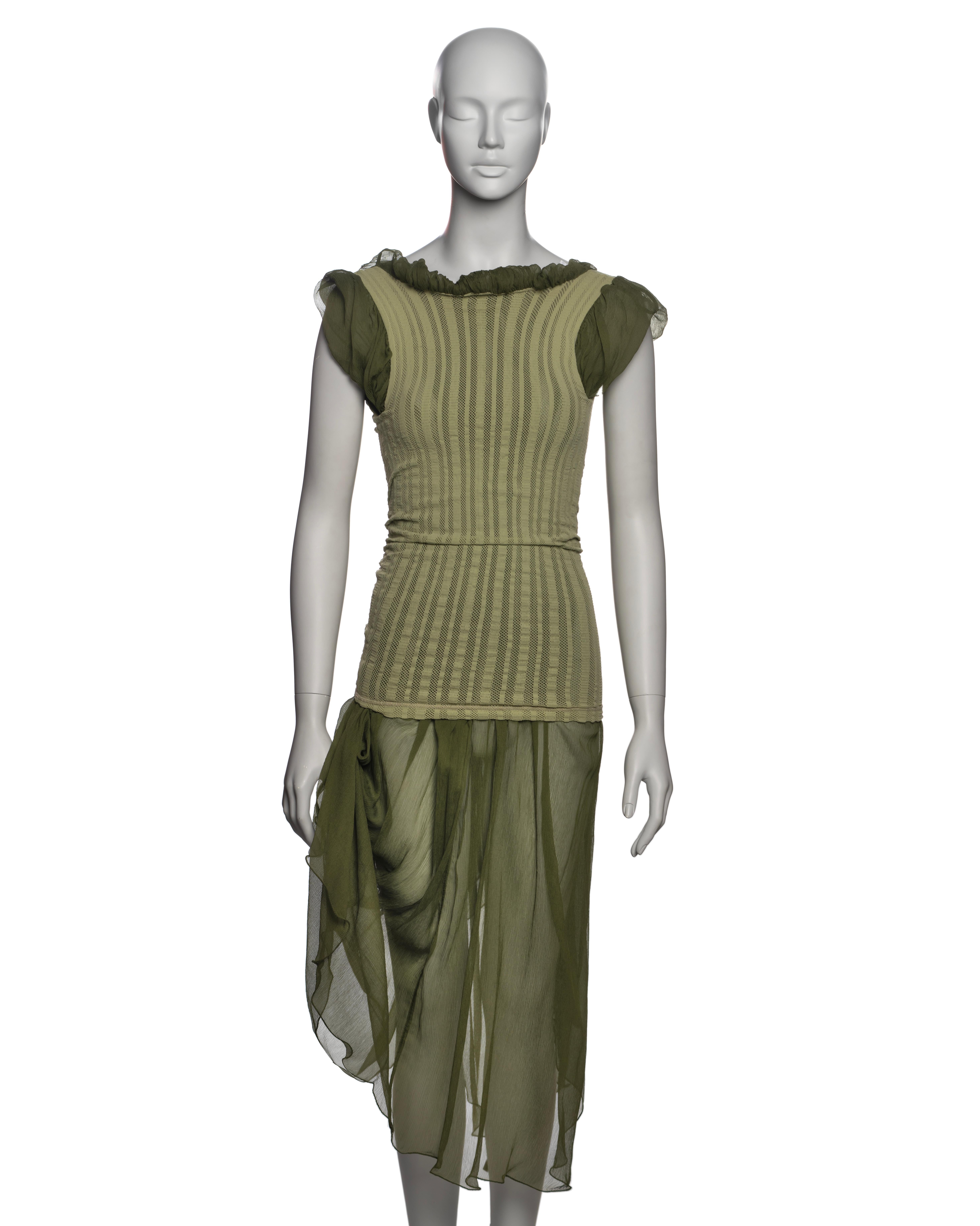 Jean Paul Gaultier Olive Green Knit Dress with Silk Chiffon Underlay, SS 2001 11