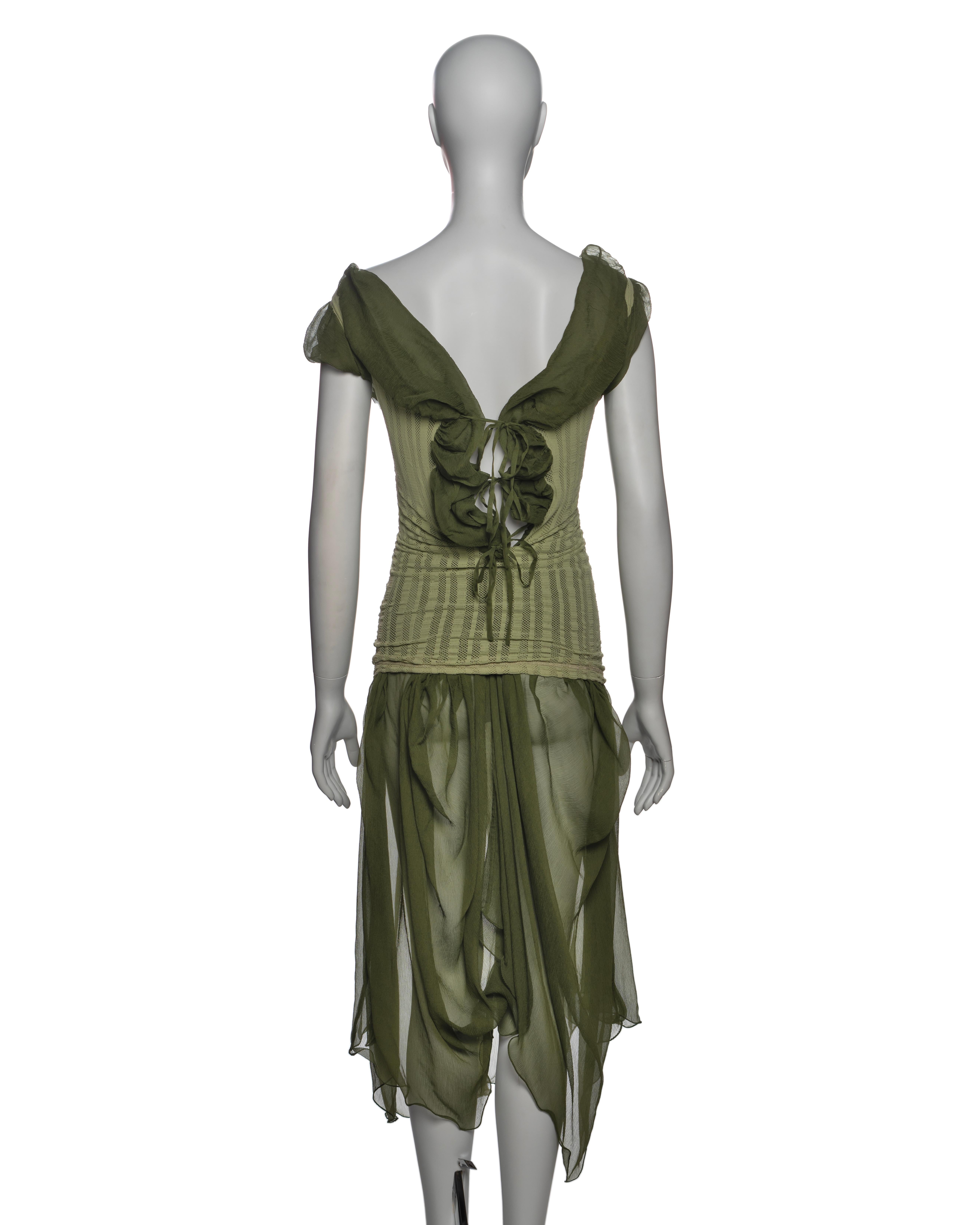 Jean Paul Gaultier Olive Green Knit Dress with Silk Chiffon Underlay, SS 2001 12