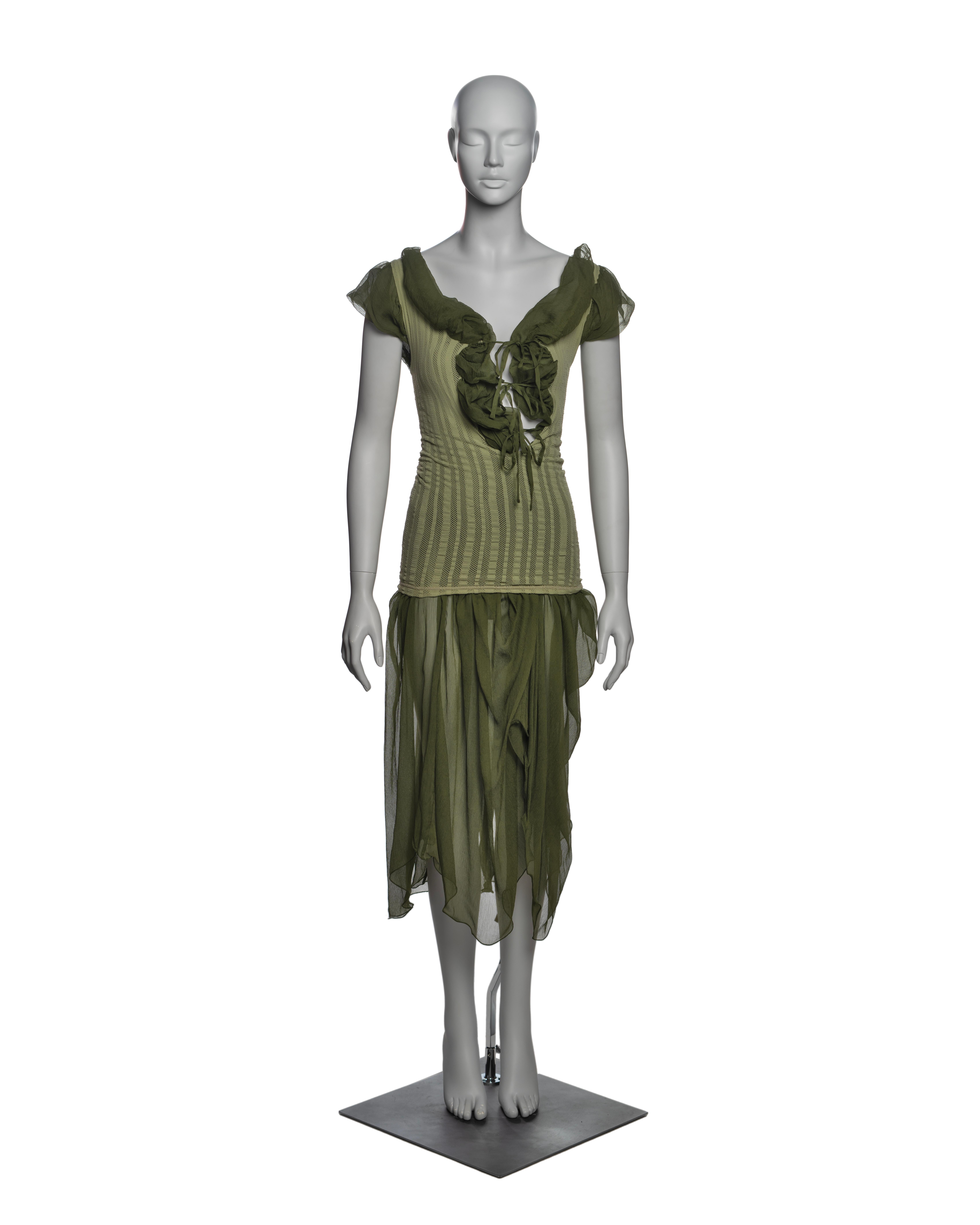 Jean Paul Gaultier olive green dress featuring a fitted, striped knit bodice with chiffon ties at the neckline. The chiffon underlay offers versatile styling options, such as gathering the fabric to create different silhouettes. The dress can also