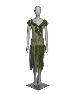 Jean Paul Gaultier Olive Green Knit Dress with Silk Chiffon Underlay, SS 2001