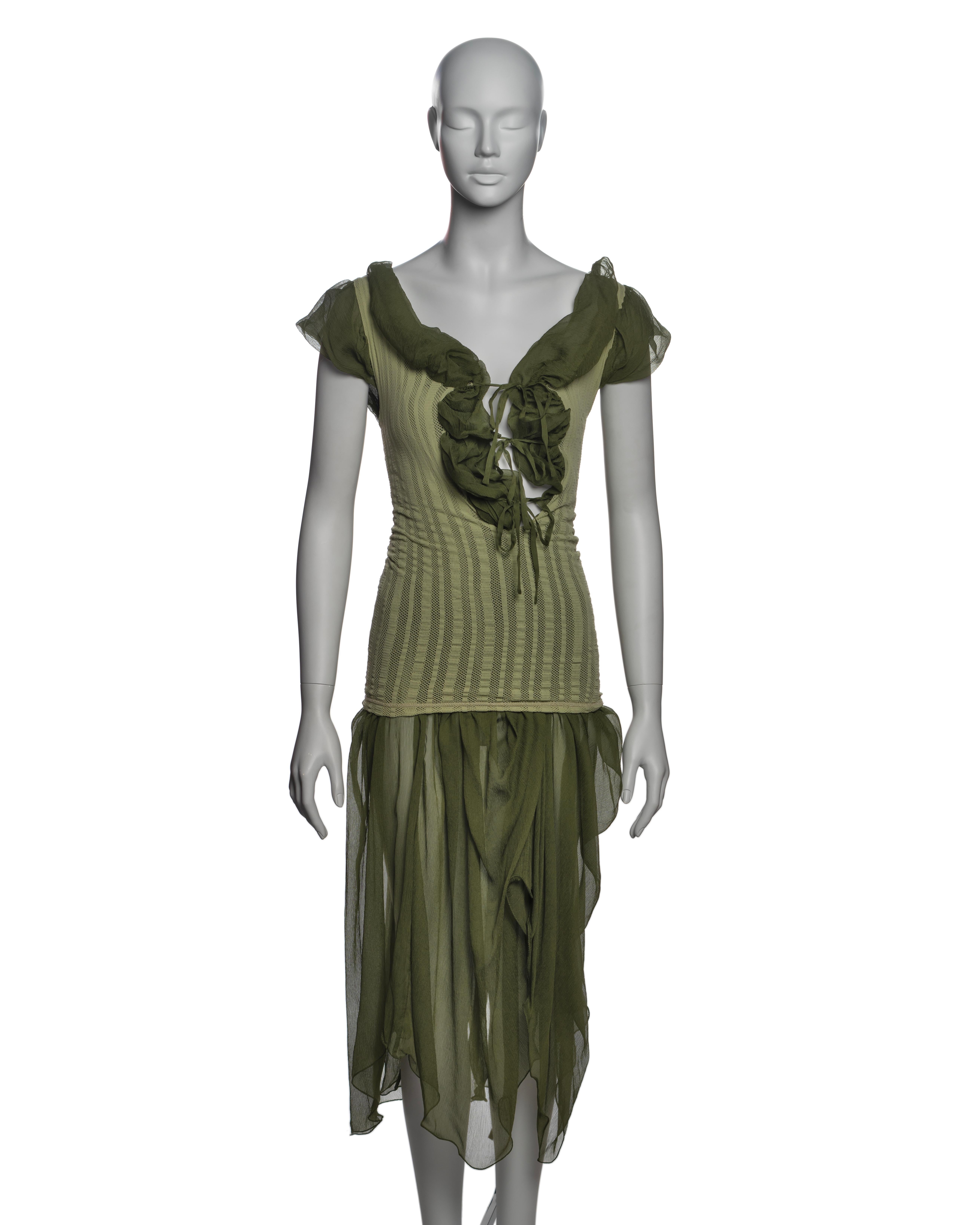 Jean Paul Gaultier Olive Green Knit Dress with Silk Chiffon Underlay, SS 2001 In Excellent Condition In London, GB
