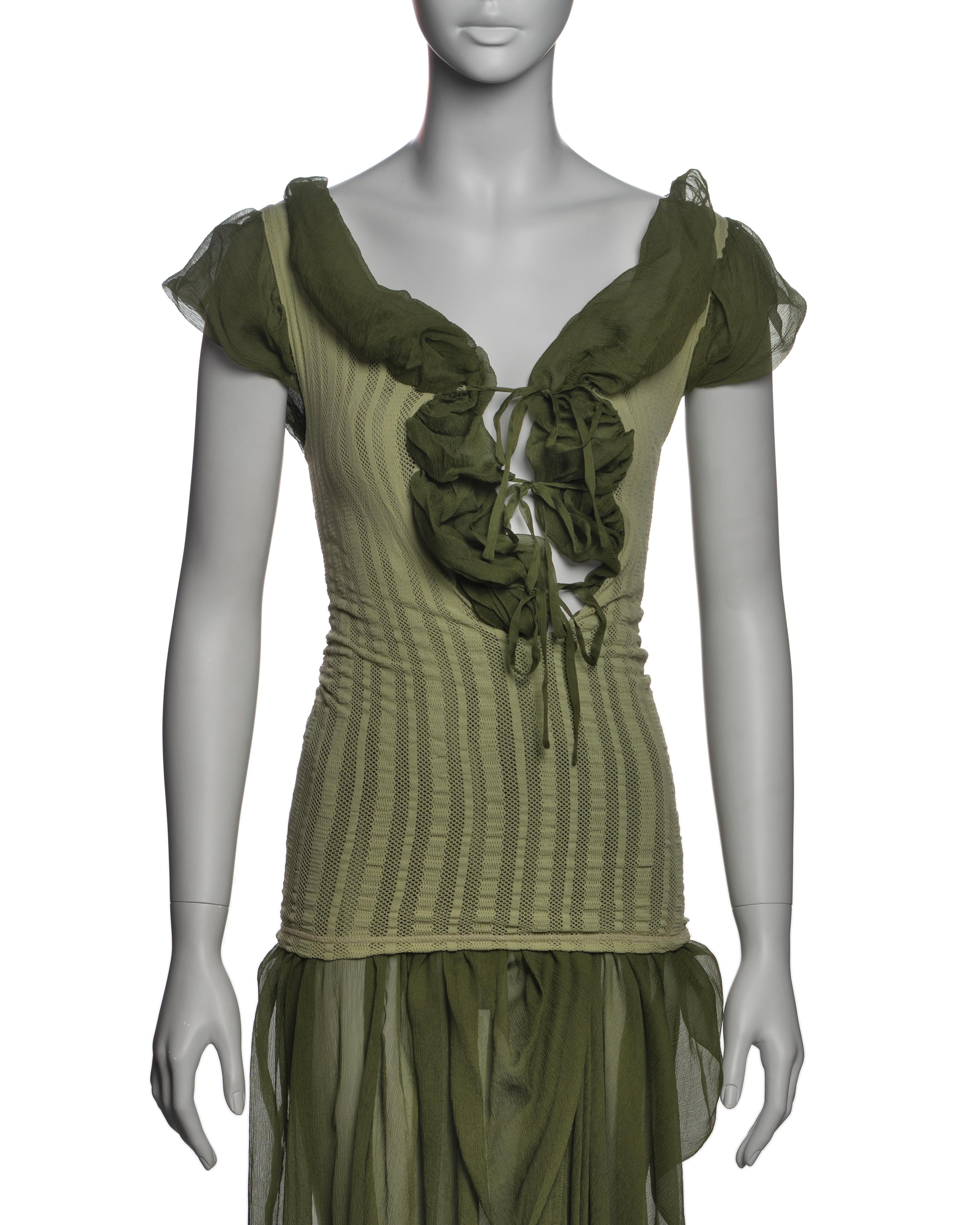 Women's Jean Paul Gaultier Olive Green Knit Dress with Silk Chiffon Underlay, SS 2001