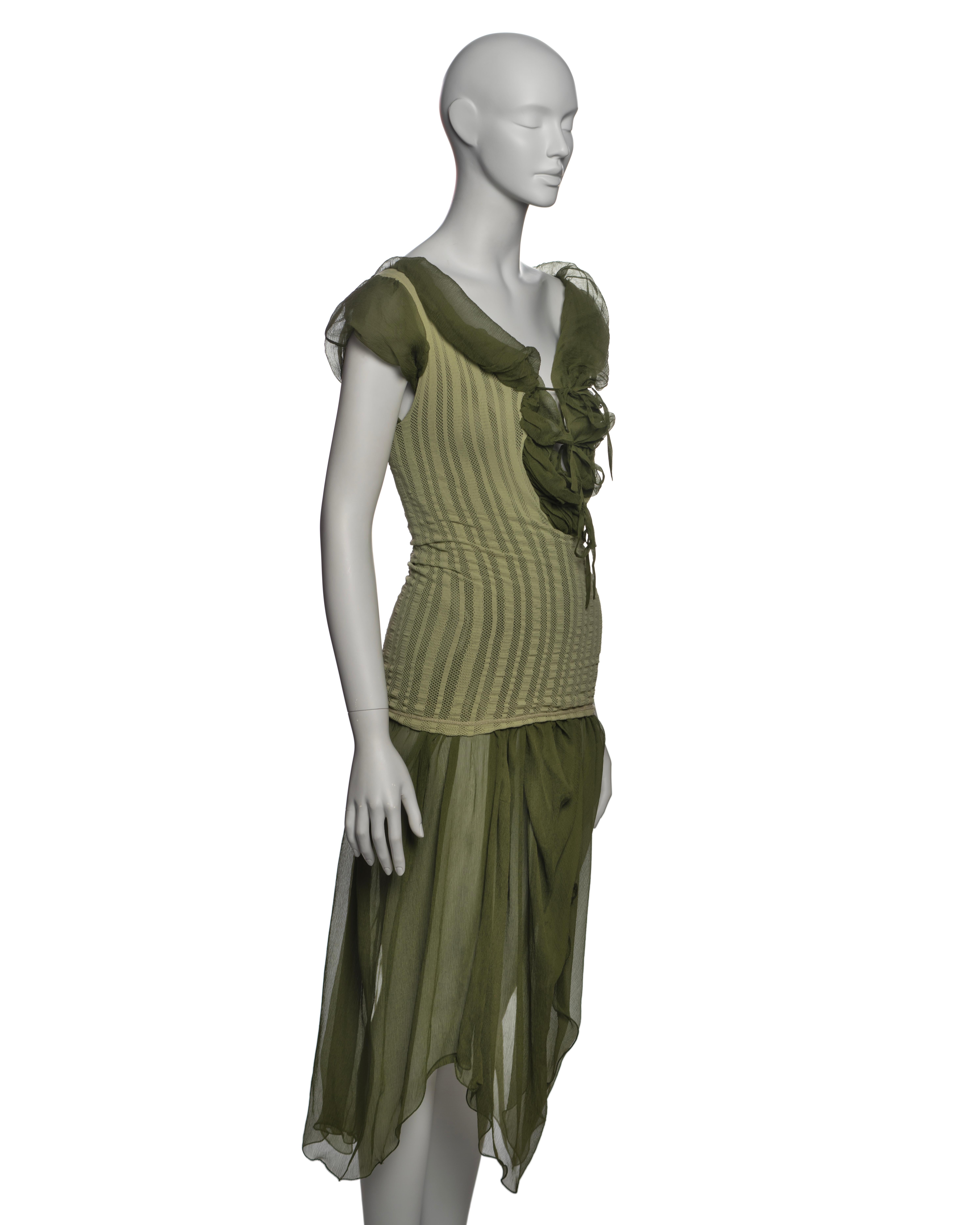 Jean Paul Gaultier Olive Green Knit Dress with Silk Chiffon Underlay, SS 2001 1