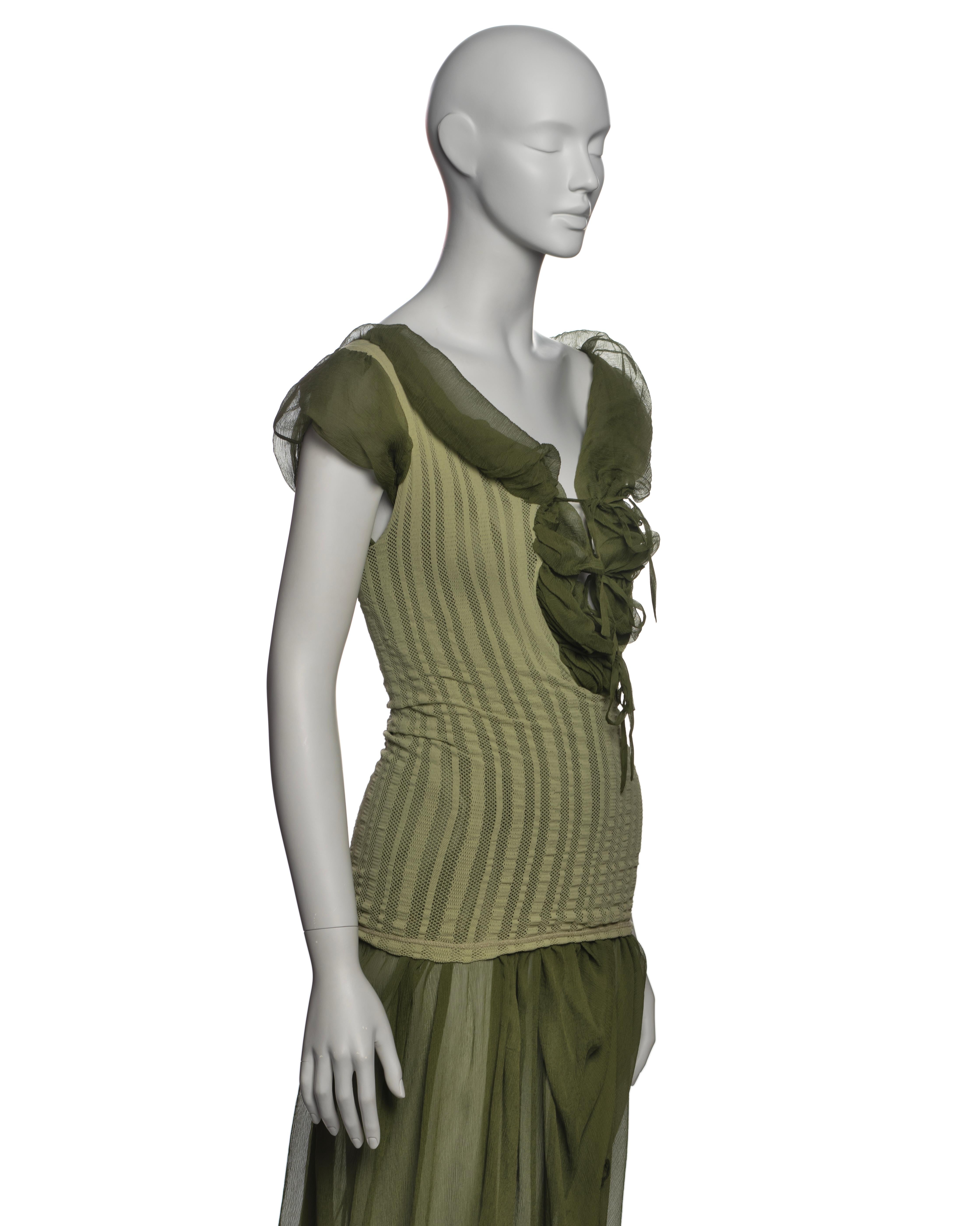 Jean Paul Gaultier Olive Green Knit Dress with Silk Chiffon Underlay, SS 2001 2