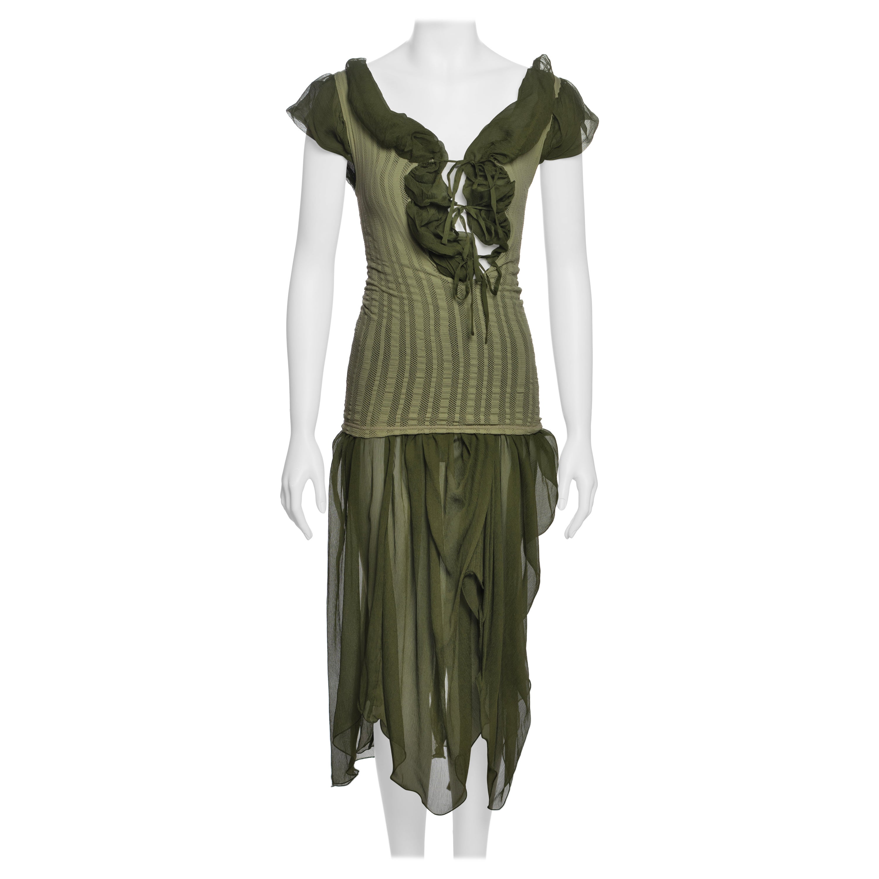 Jean Paul Gaultier Olive Green Knit Dress with Silk Chiffon Underlay, SS 2001