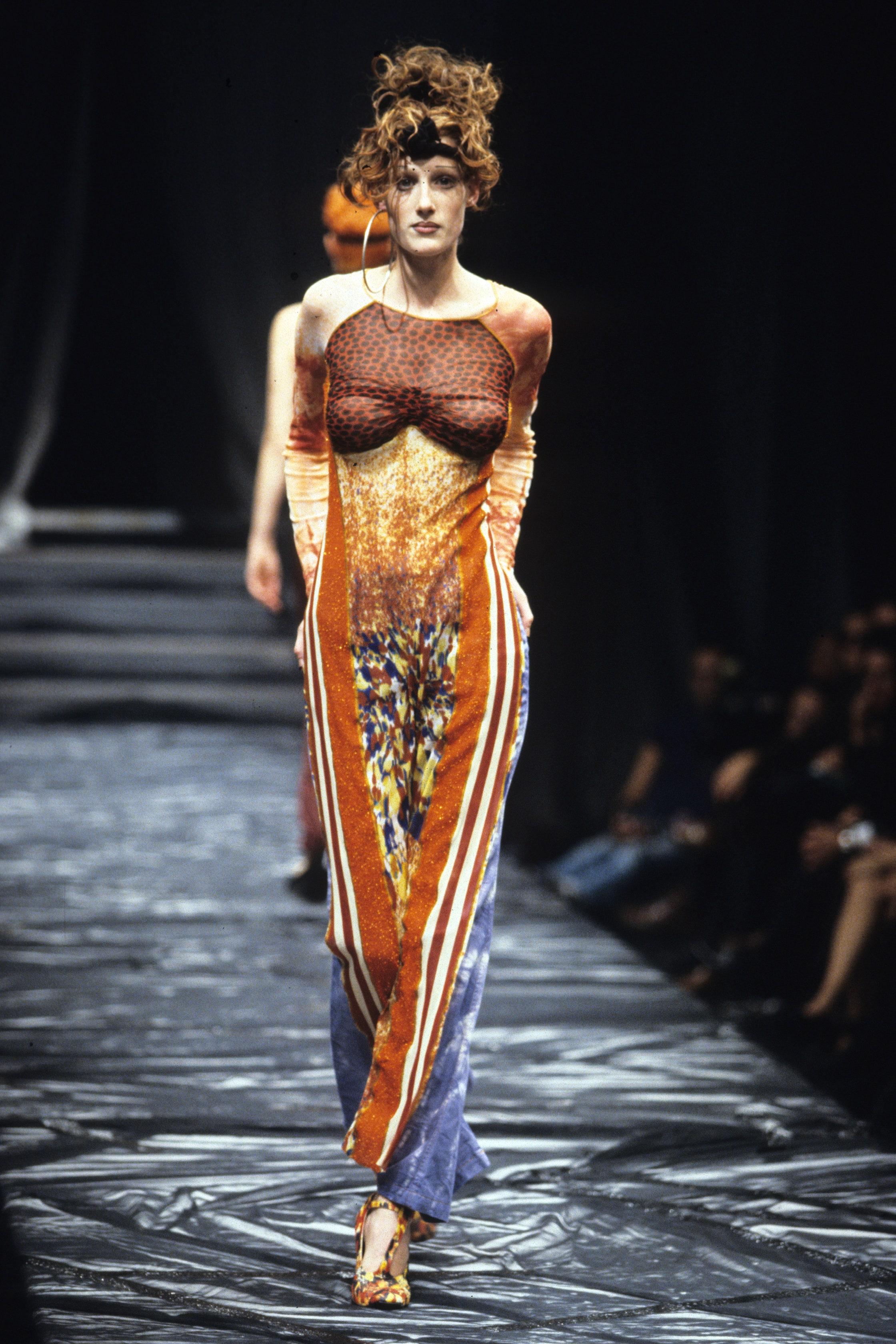 Jean Paul Gaultier Optical Illusion Neon Striped Kim Kardashian Mesh Maxi Dress For Sale At