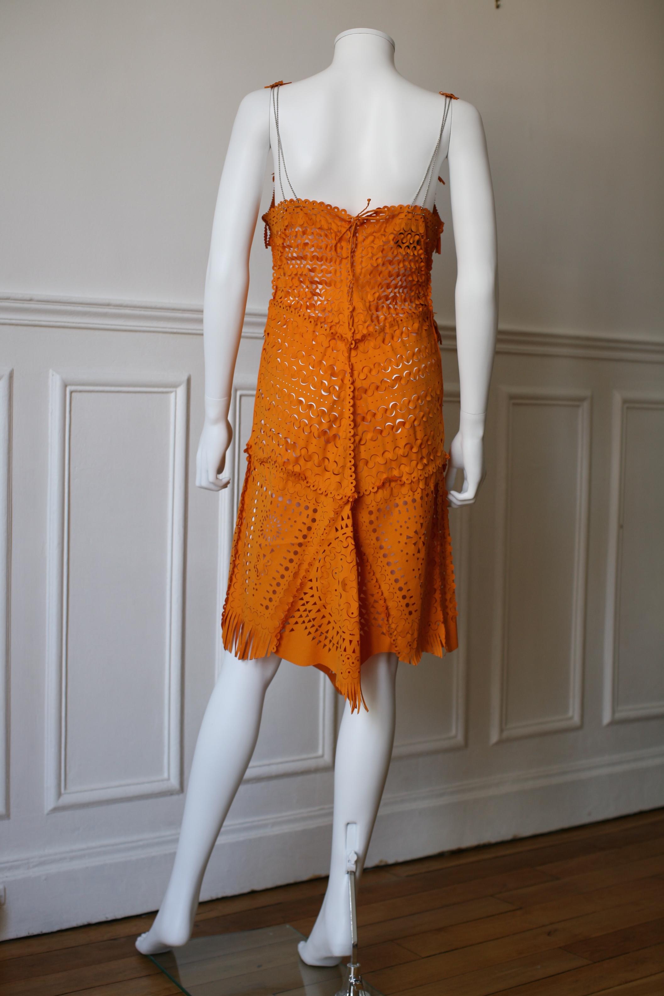 Jean Paul Gaultier Orange Dress Laser Cuts Religious Medals Small size In Good Condition In Paris, FR