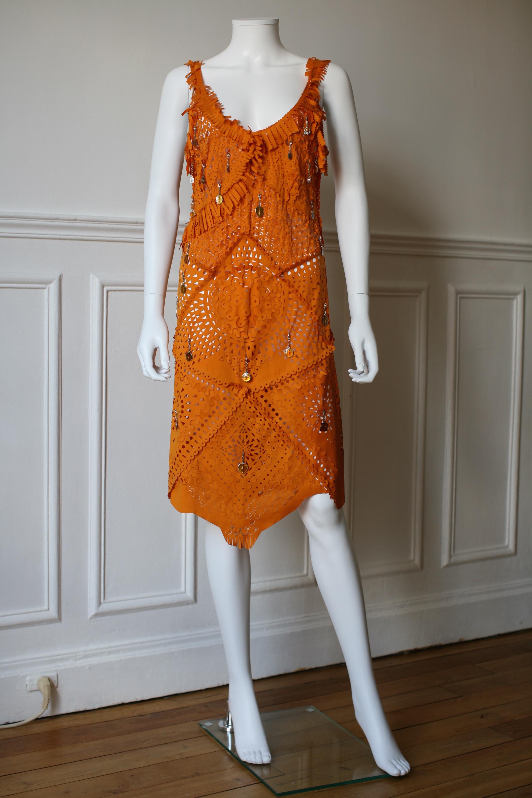 Women's Jean Paul Gaultier Orange Dress Laser Cuts Religious Medals Small size