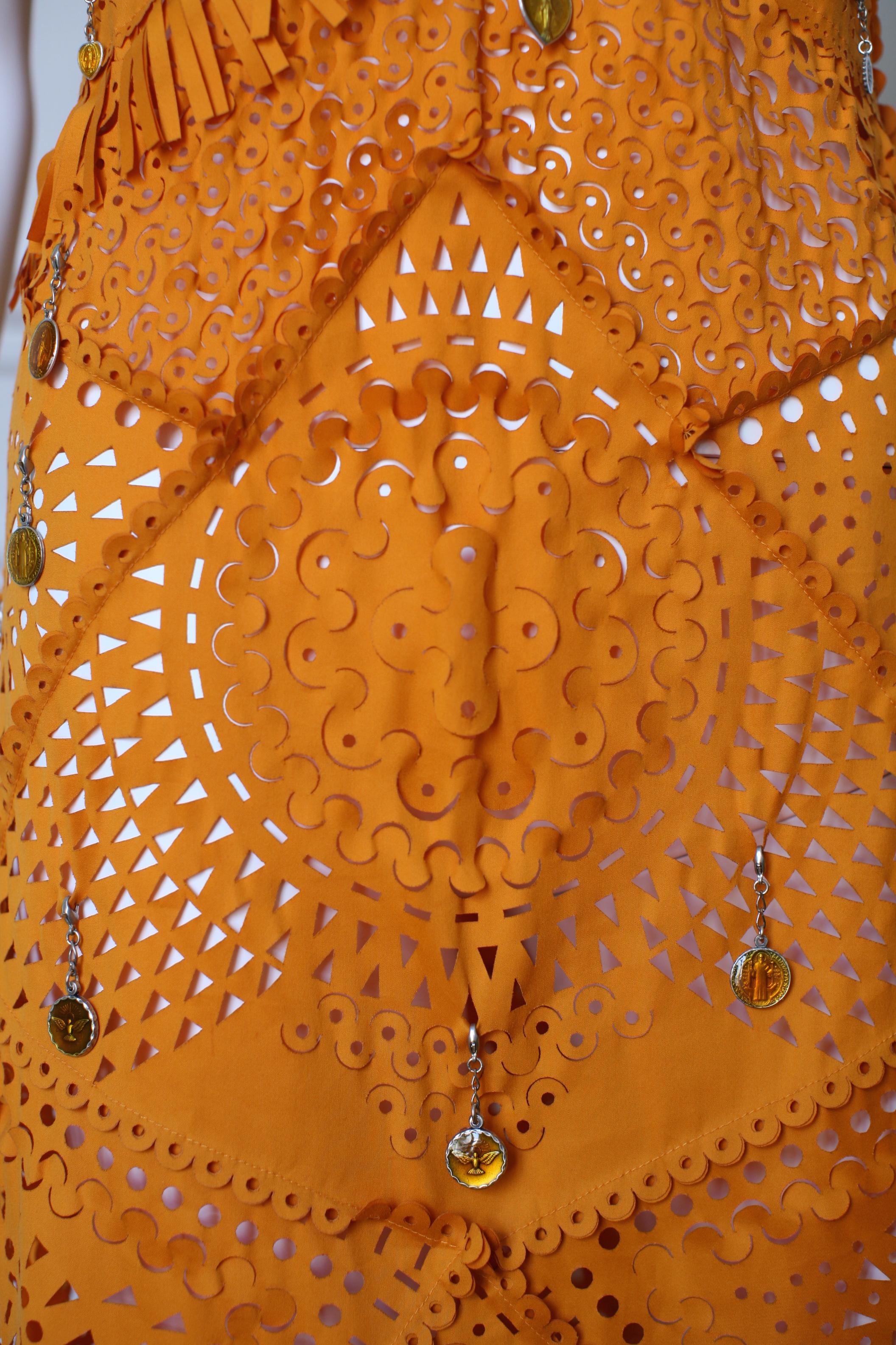 Jean Paul Gaultier Orange Dress Laser Cuts Religious Medals Small size 1