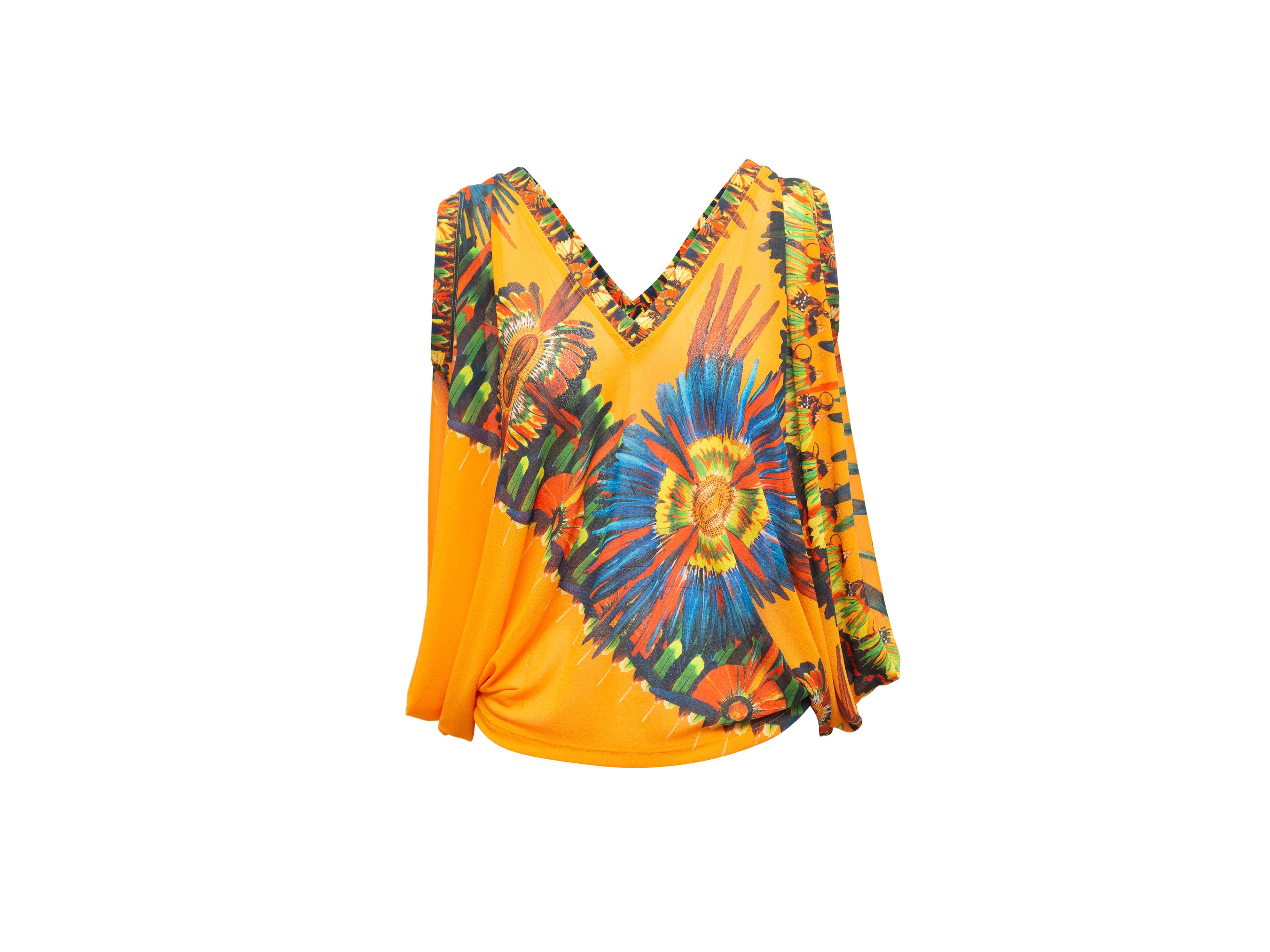 Product details: Orange and multicolor feather print sleeveless top by Jean Paul Gaultier Soleil. V-neck. Draping at sides. 54