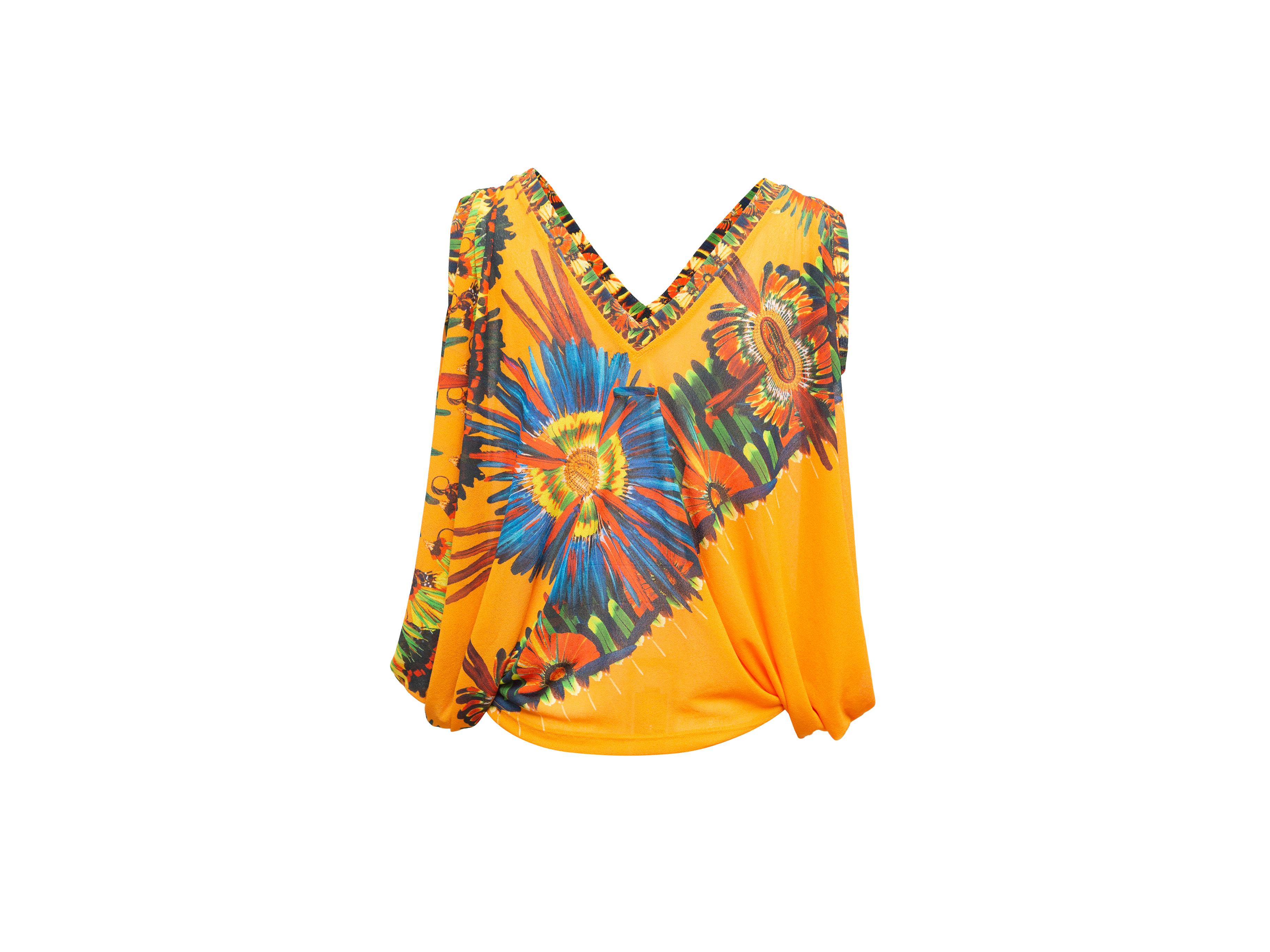 Jean Paul Gaultier Orange & Multicolor Soleil Feather Print Top In Good Condition In New York, NY