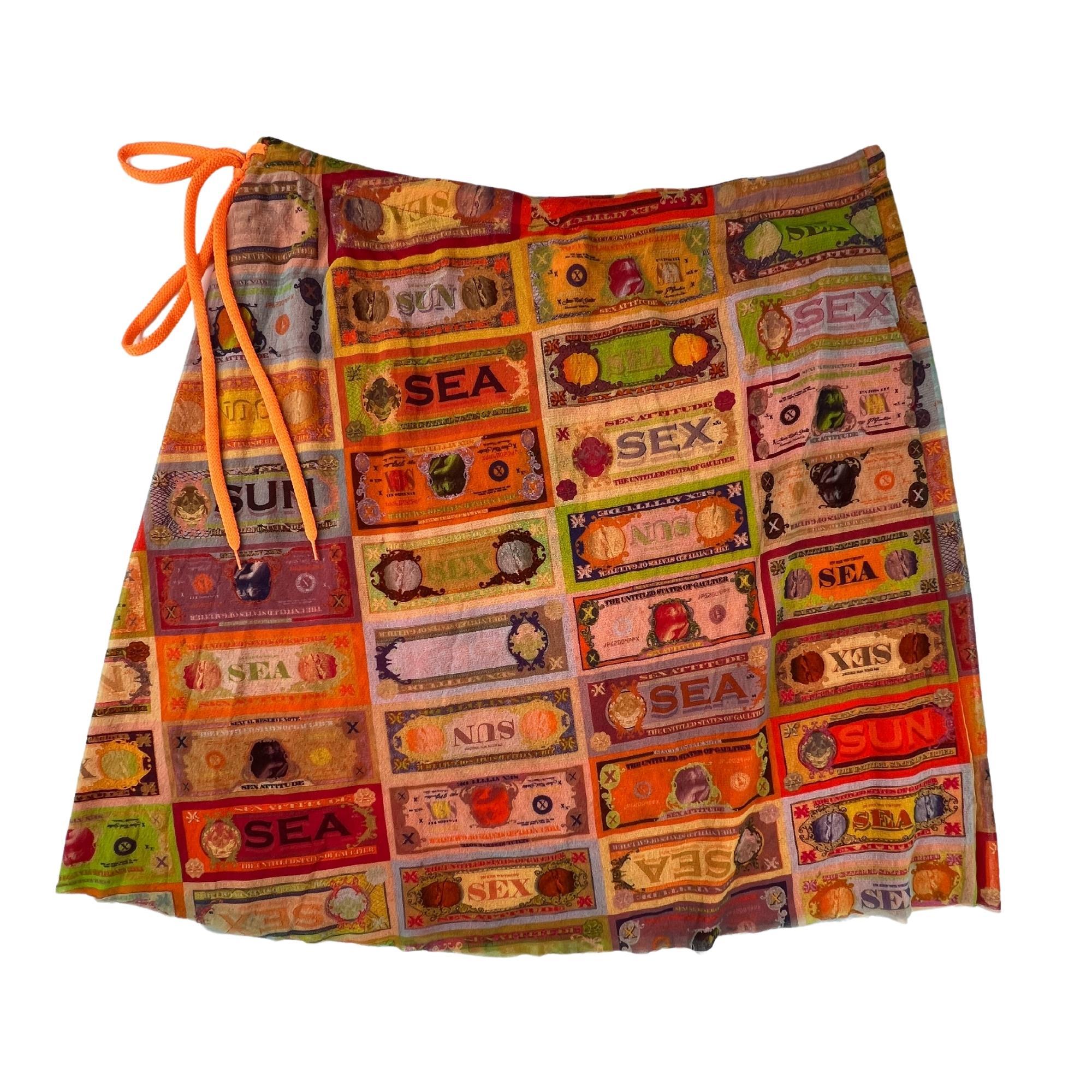 Women's or Men's Jean Paul Gaultier Orange Nylon Sex, Sea, Sun Dollar Print Skirt (Large)