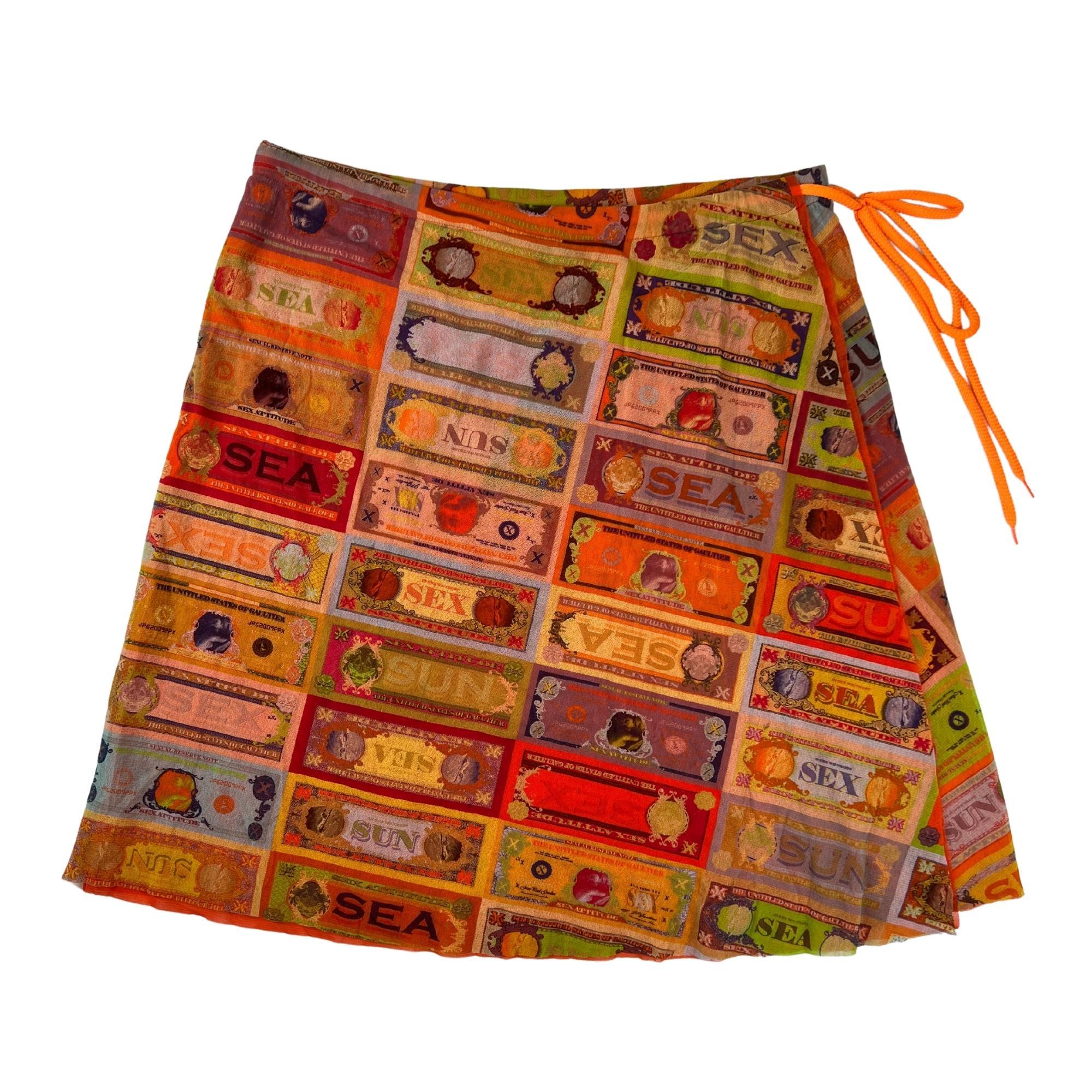 Women's Jean Paul Gaultier Orange Nylon Sex, Sea, Sun Dollar Print Skirt (Medium) For Sale