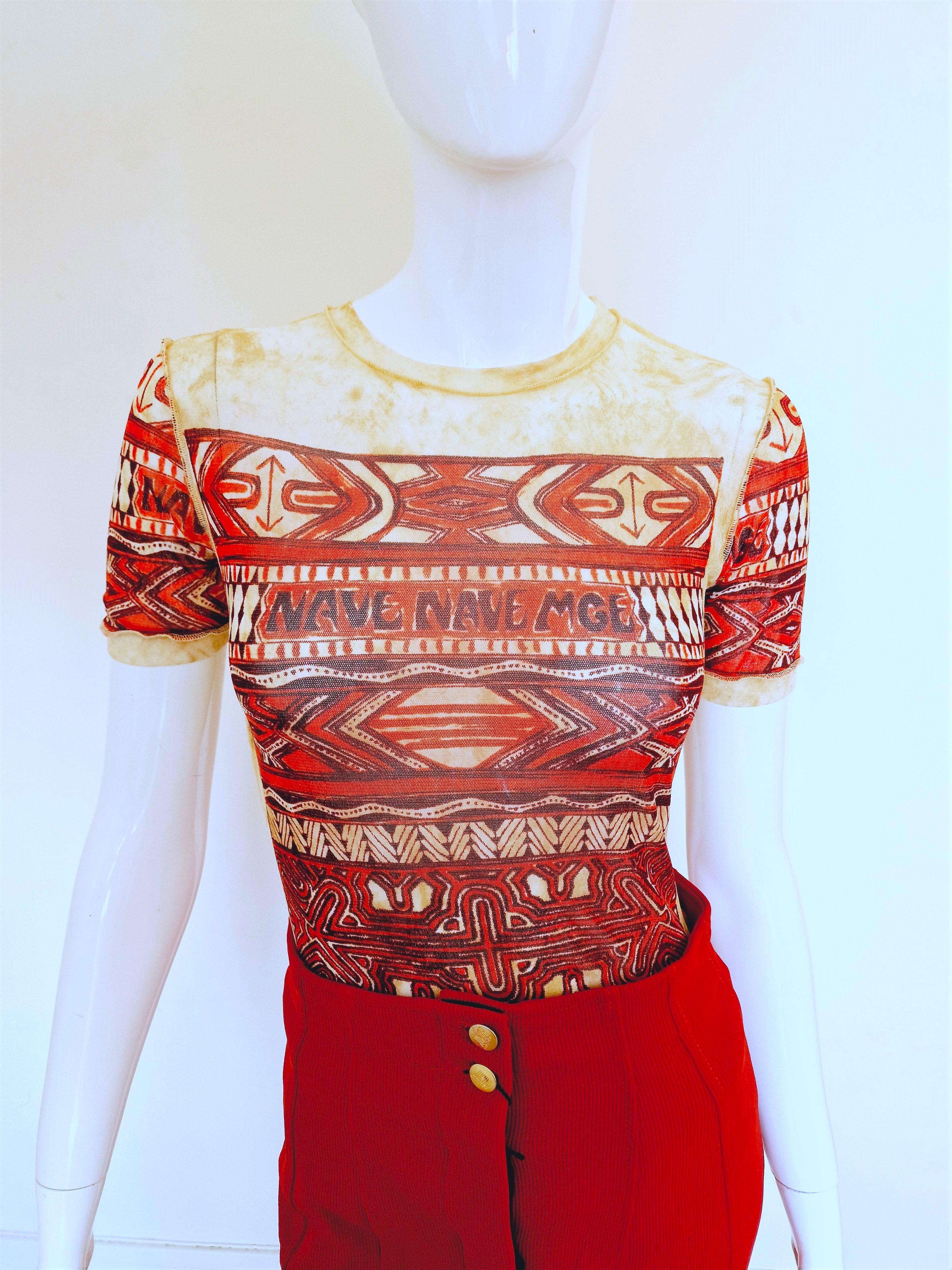 Paul Gauguin mesh top by Jean Paul Gaultier!
Gauguin was an important figure in the Symbolist movement as a painter, sculptor, printmaker, ceramist, and writer. 

Pattern:
Refection for Paul Gauguin`s work. He was 
Text on the top and the