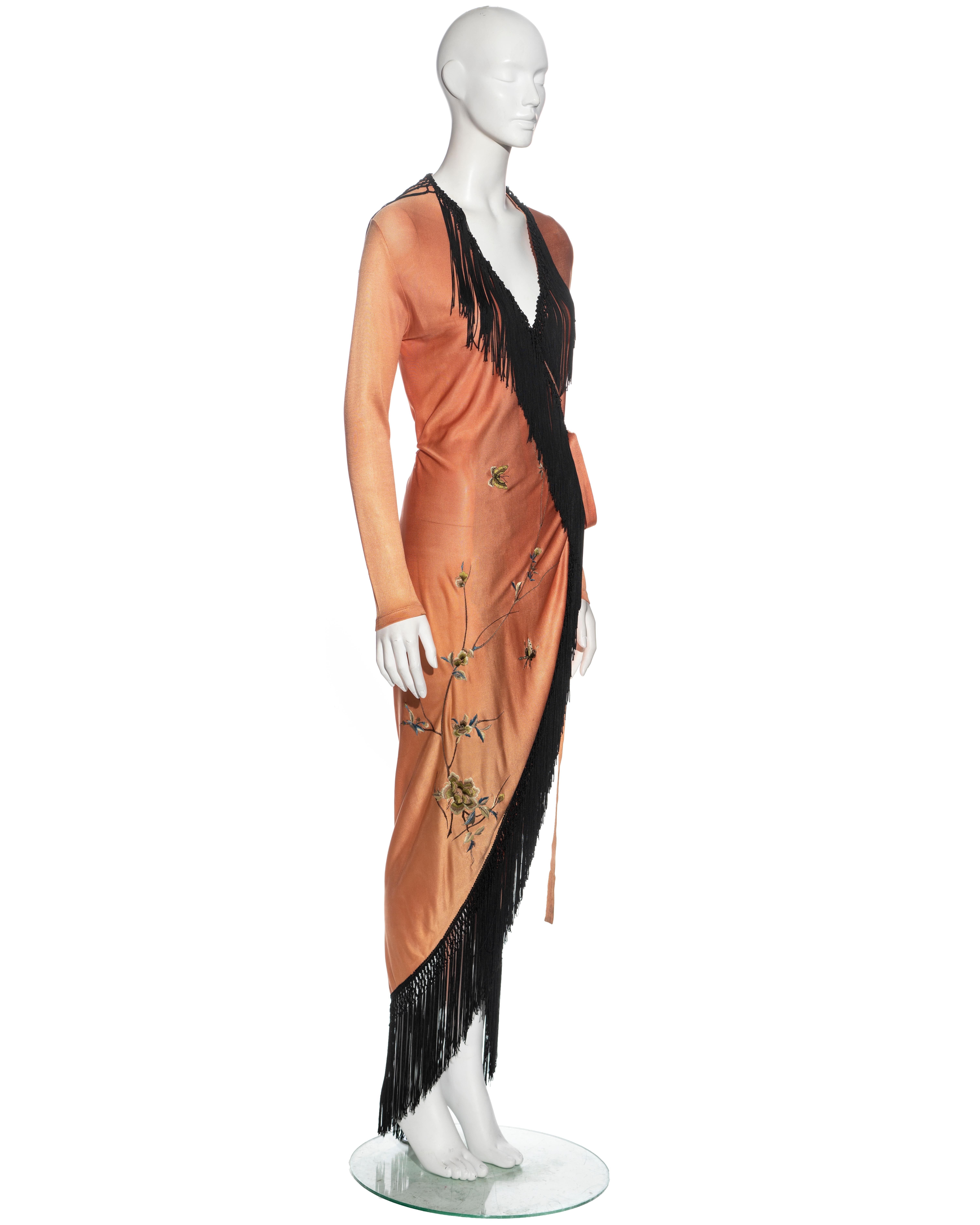 Women's Jean Paul Gaultier pale peach wrap dress with floral embroidery, c. 1991-1994