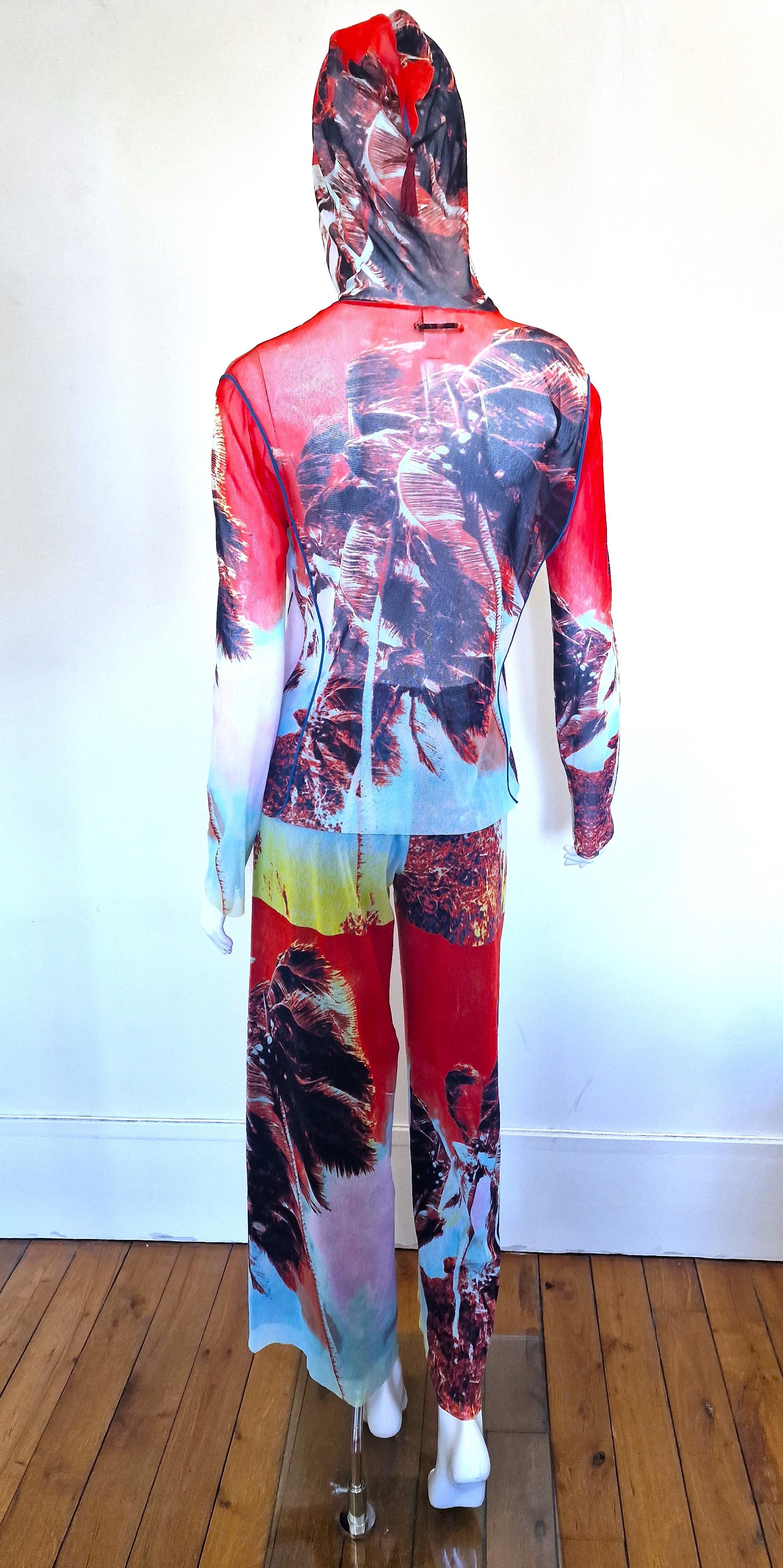 Jean Paul Gaultier Palm Tree Tropical Mesh Sheer Männer Frauen Hosen Top Kleid Set (Grau) im Angebot