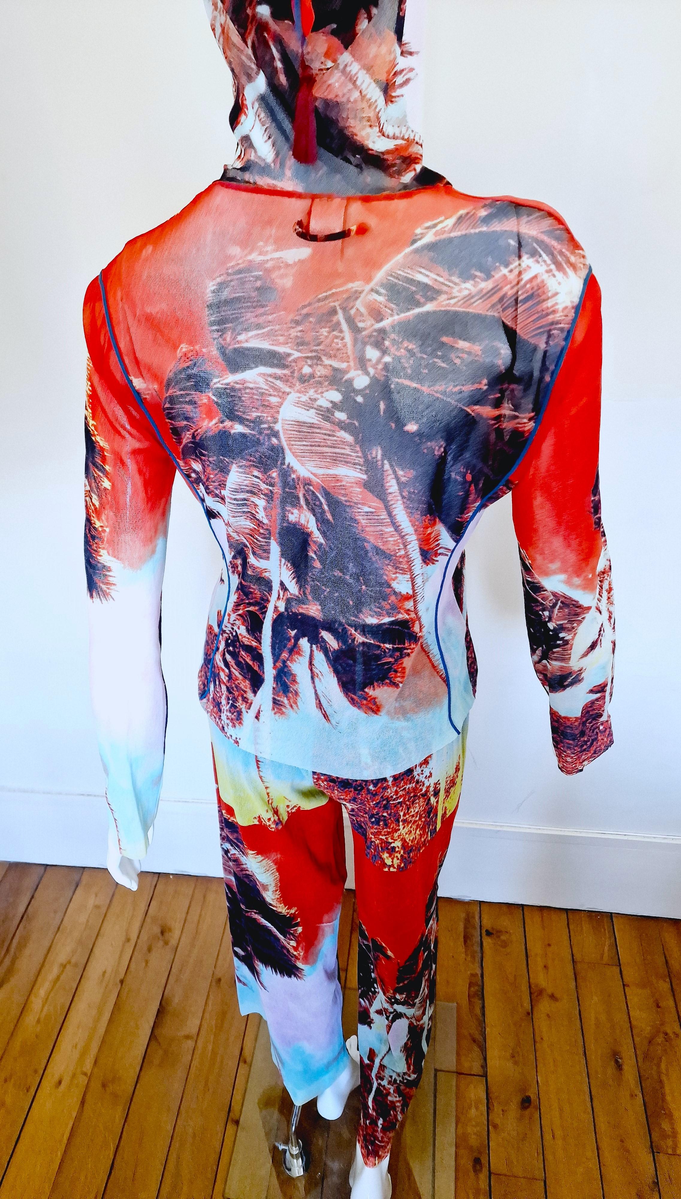 Jean Paul Gaultier Palm Tree Tropical Mesh Sheer Men Women Pants Top Dress Set For Sale 2