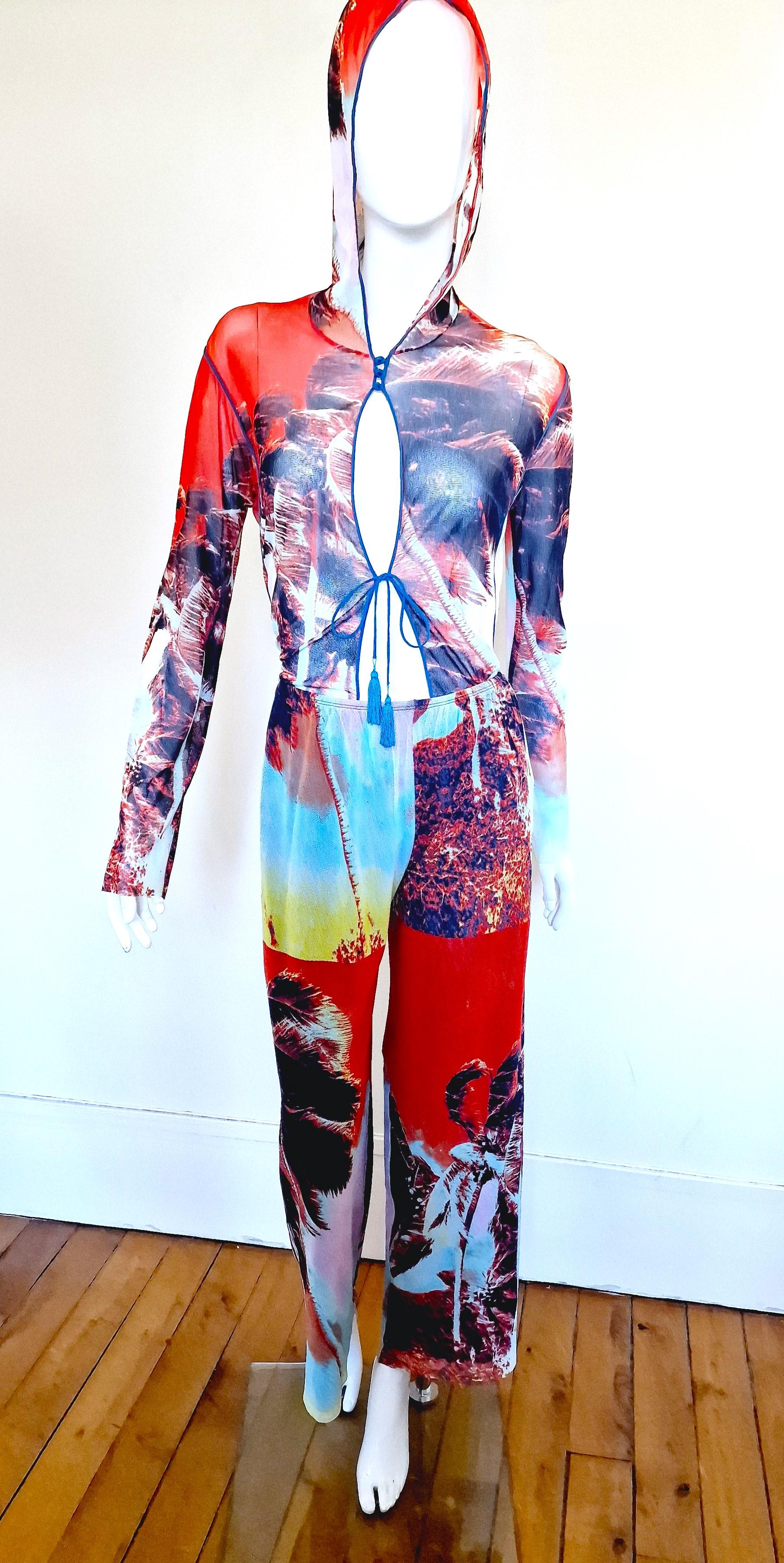 Jean Paul Gaultier Palm Tree Tropical Mesh Sheer Men Women Pants Top Dress Set For Sale 4